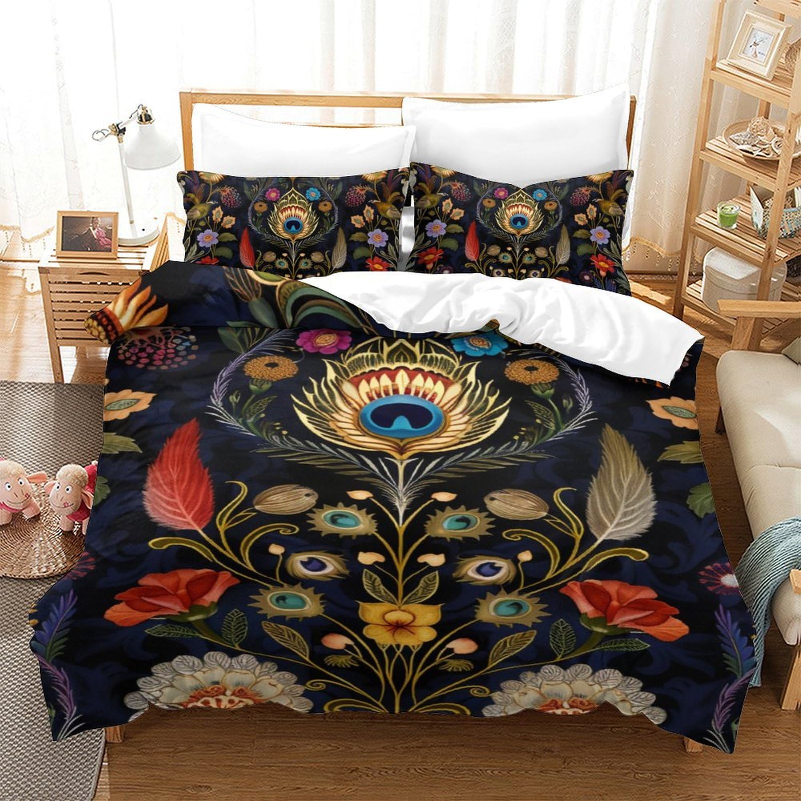 Housse de couette paon 140x200cm en microfibre respirante avec taie d'oreiller pour lit simple