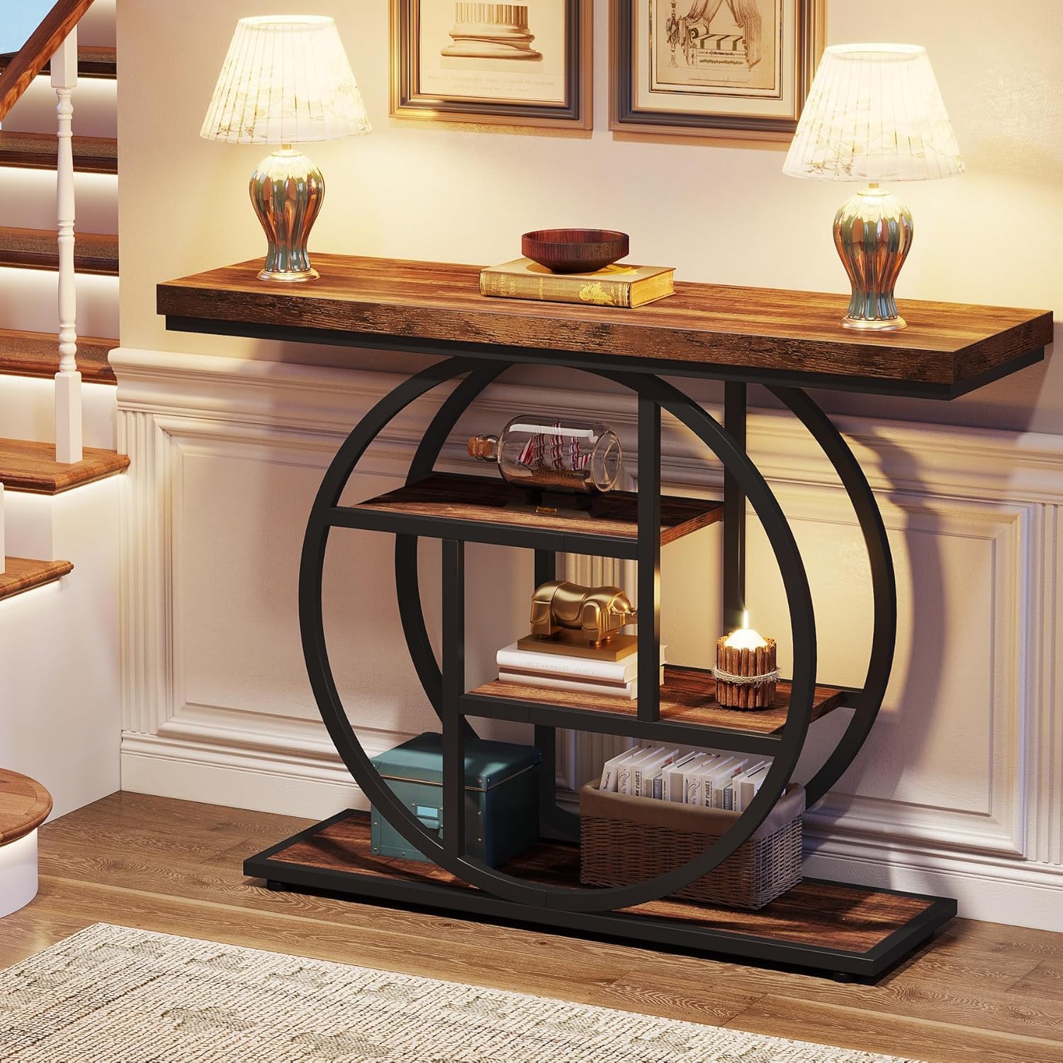 Priti 41.3" Console Table, Industrial 4-Tier Sofa Table Entryway Table with Circle Base, Narrow Wood Accent Tables with Storage Shelves for Living Room, Hallway, Foyer, Rustic Brown-image-46