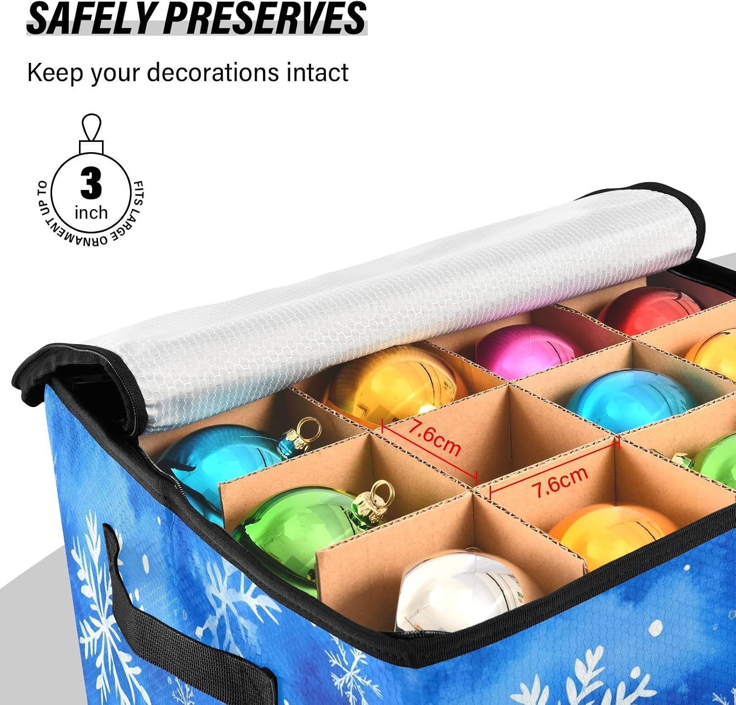 High Capacity Christmas large ornament storage Holds Up to 64, Two Handles foldable Holiday Storage Case with Lid,Snowflakes Watercolor