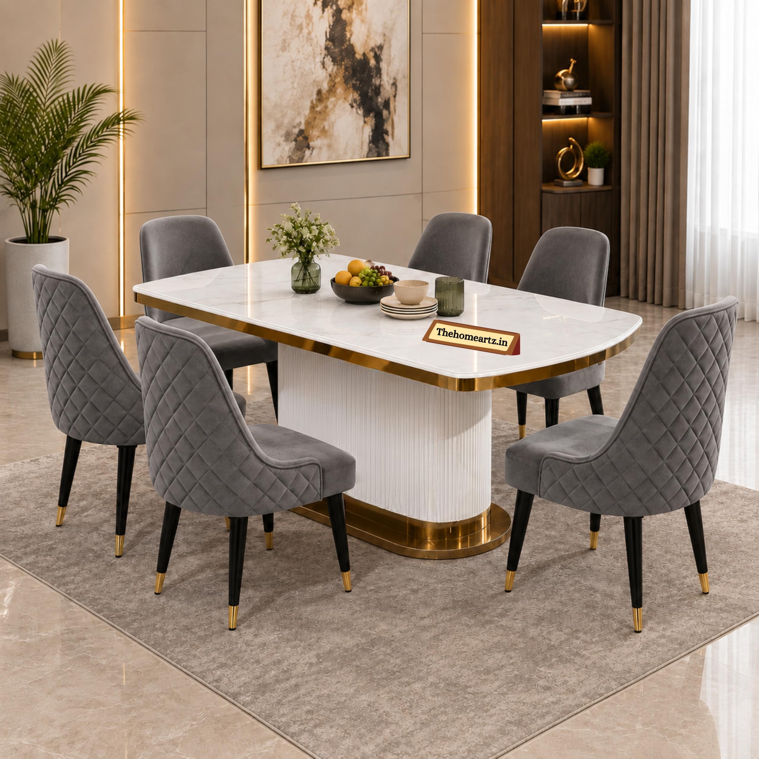 The Homeartz 6-Seater Modern Elite Marble Top Wooden Dining Table Set | 2 Year Warranty | Created Italian Statuario Marble Top | Elegant Marble Table with 6 Chairs