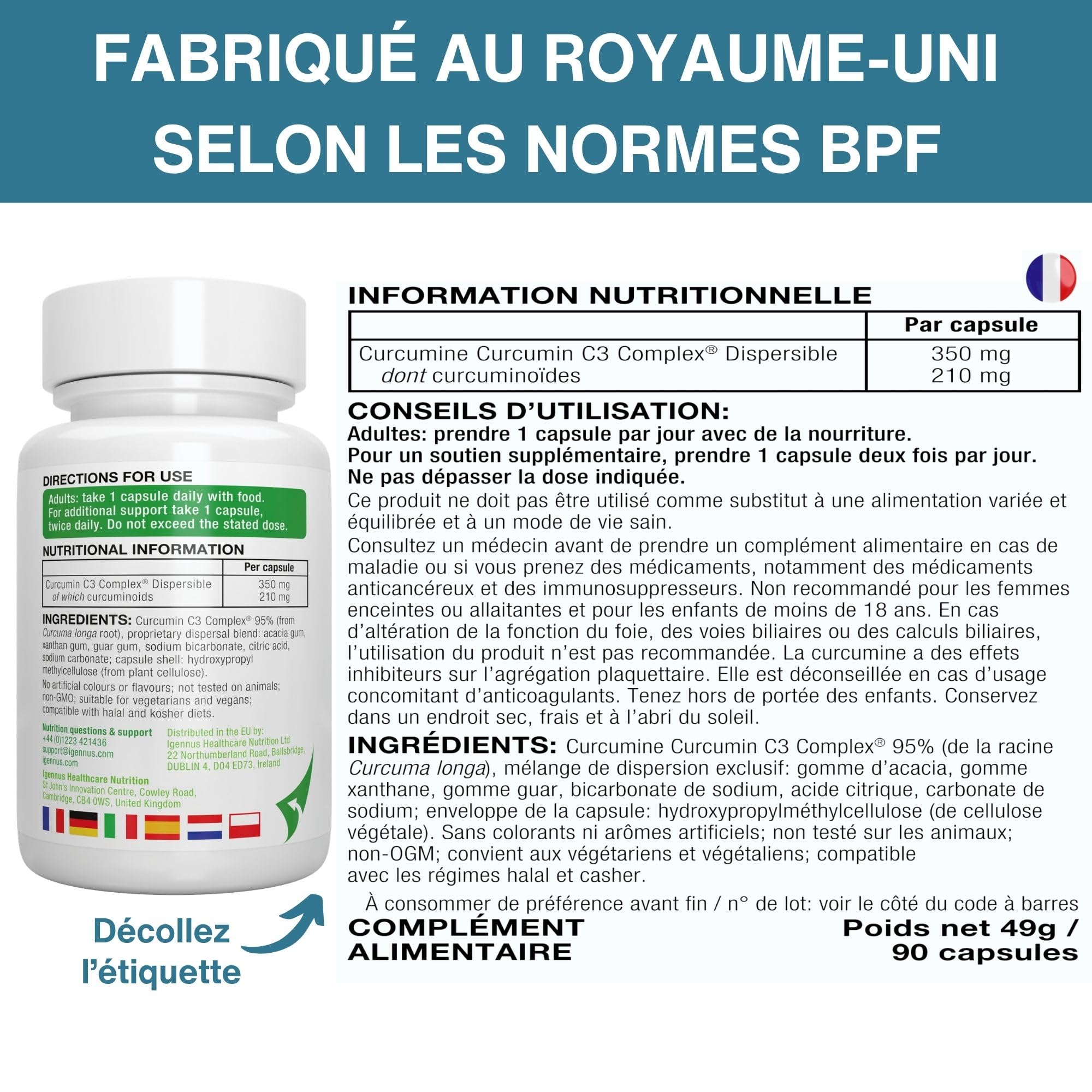 Igennus Curcumine C3 Complex Haute Qualité, Extrait Cliniquement Étudié Technologie Hydrogel Biodisponibilité Optimisée, 1 Gélule par Jour, 90 Gélules Véganes Clean Label