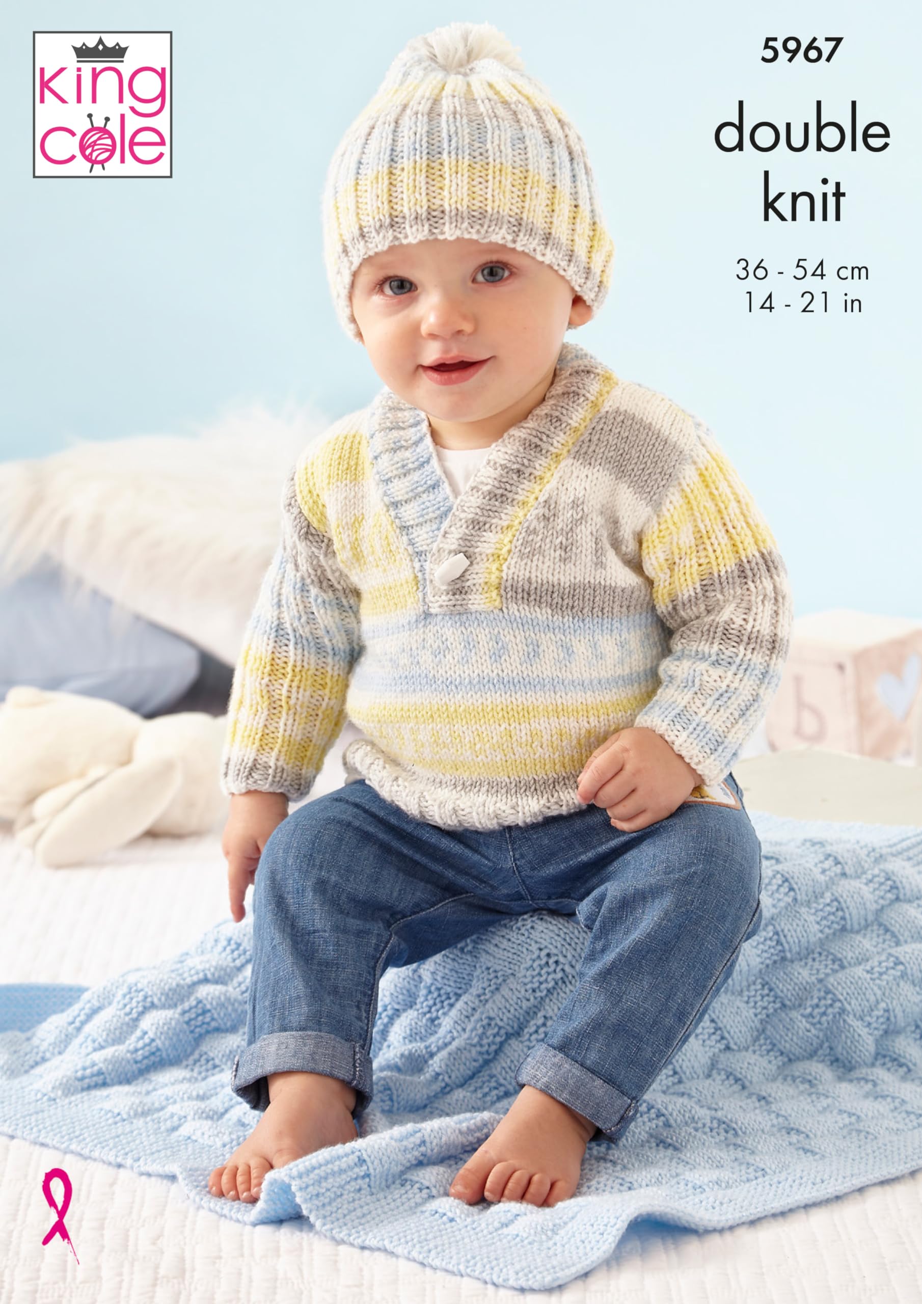 King Cole DK Knitting Pattern - 5967 Sweater, Cardigan, Hat & Blanket