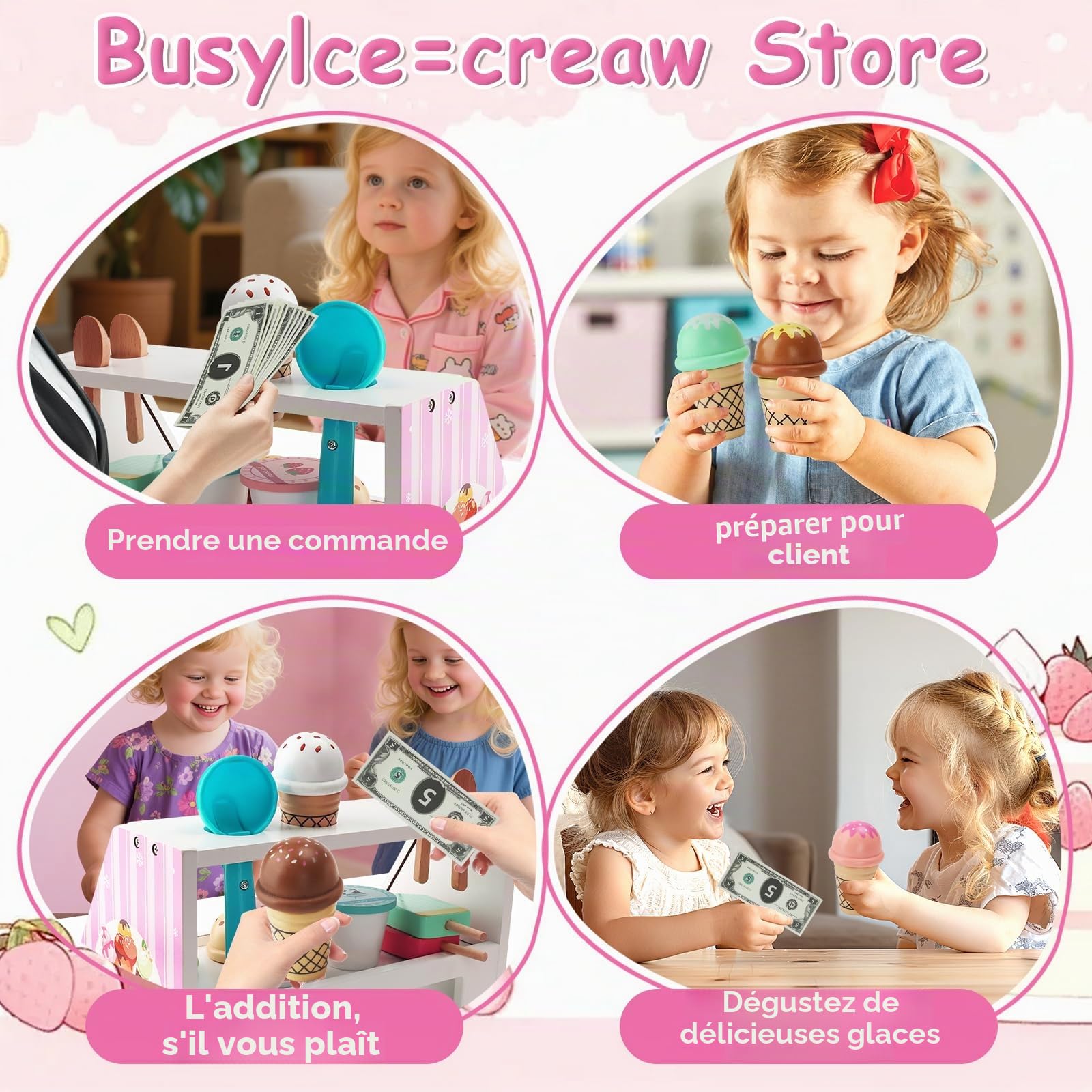Glacier en Bois pour Enfant,38 Pièces Glaciere Jouet,Cuisine Enfants Accessoires,Magasin pour Enfants Jeu Imitation,Jouet en Bois Jouets Montessori Cadeau pour Garçons Filles à Partir de 3 Ans