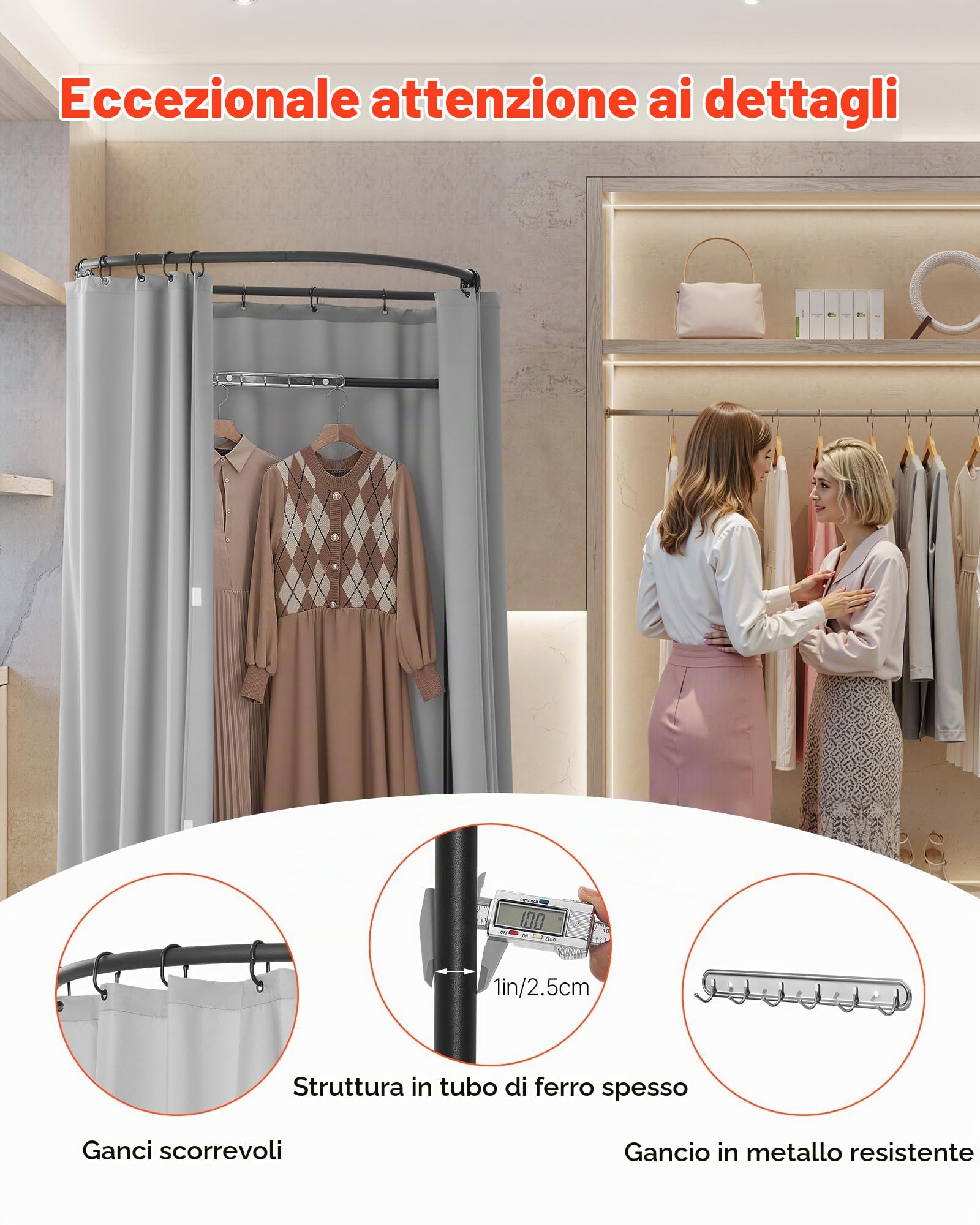 VEVOR Camerino di Prova da 100 x 95 x 200 cm Spogliatoio Portatile Mobile con Tende Spesse in Poliestere, Tenda Ombreggiante e Gancio, per Boutique, Sartorie e Spazi Esterni, Nero e Grigio-Bianco