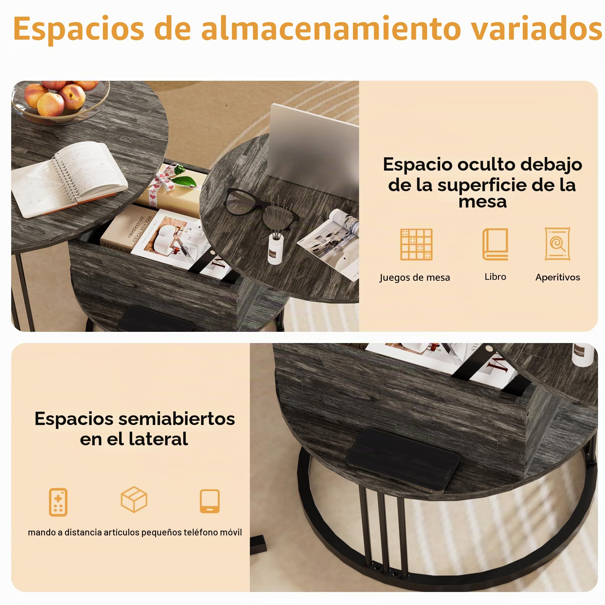Mesa de Centro Redonda – Juego de 2 Mesas Nido de 70cm/50cm, Tapa Elevable Hidráulica con Almacenamiento Oculto, Mesa Central para Sala de Estar, Espacios Pequeños, Oficina en Casa