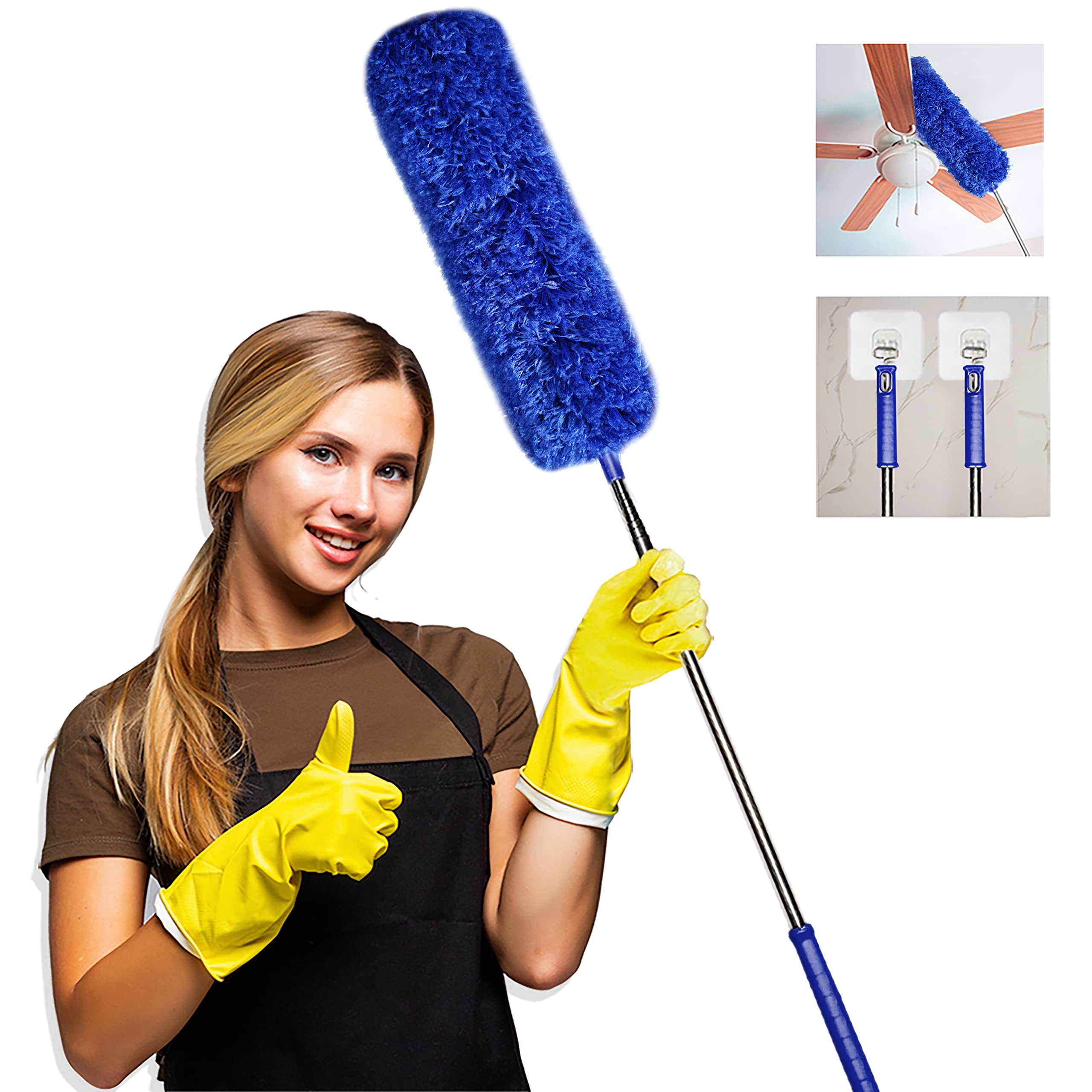 SURKHROO Feather Duster - 100 Inches Extendable Telescopic Pole - Bendable Feather Dusters for Cleaning - Scratch Resistant, Washable Dusters to Clean High Ceiling Fans, Windows, Blinds - Blue