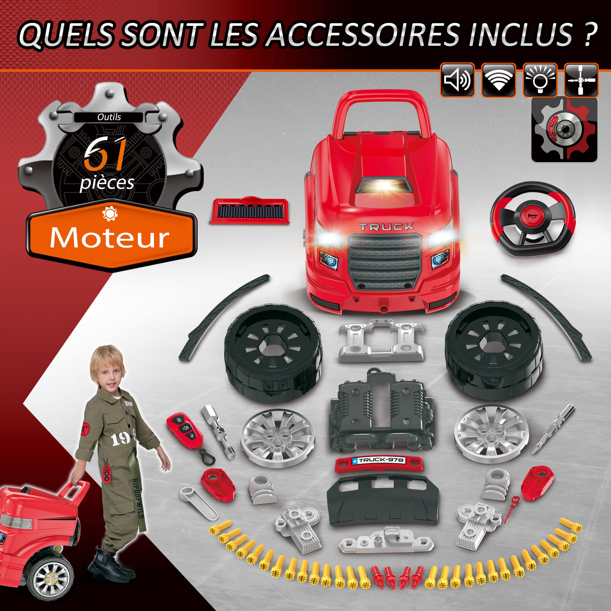 HOMCOM Camion mécano 2 en 1 Jouet Bricolage Enfant Établi Enfant Jeu d'imitation mécanicien 61 pièces Effets sonores Lumineux PP ABS Rouge