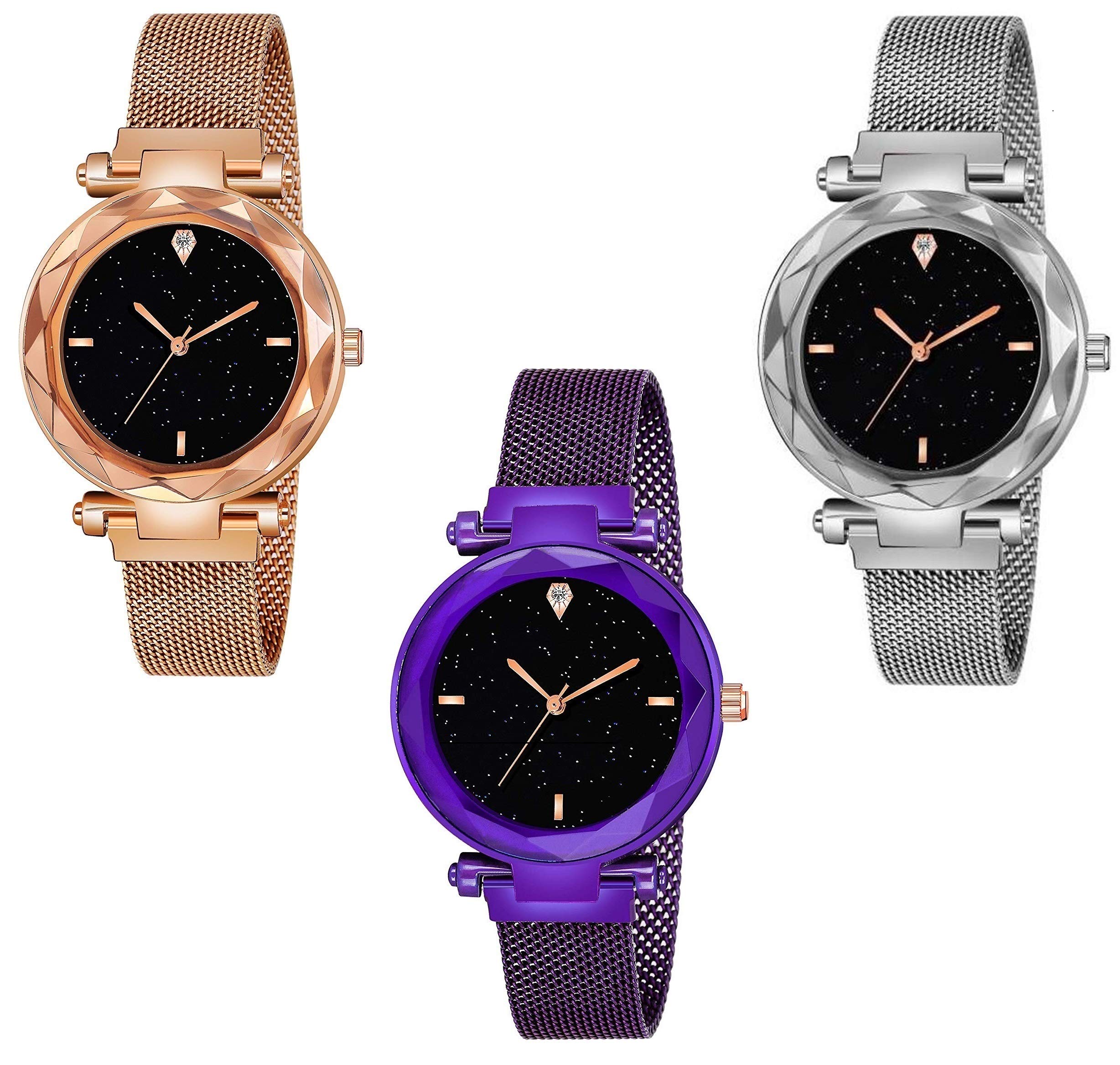 SamayZone Pack of 3 Analog Combo Watch for Woman Gold Purple Silver Mesh Strap Magnet Buckle Starry Sky Quartz Women Watches (B08MQWBSRM) Amazon Price History, Amazon Price Tracker