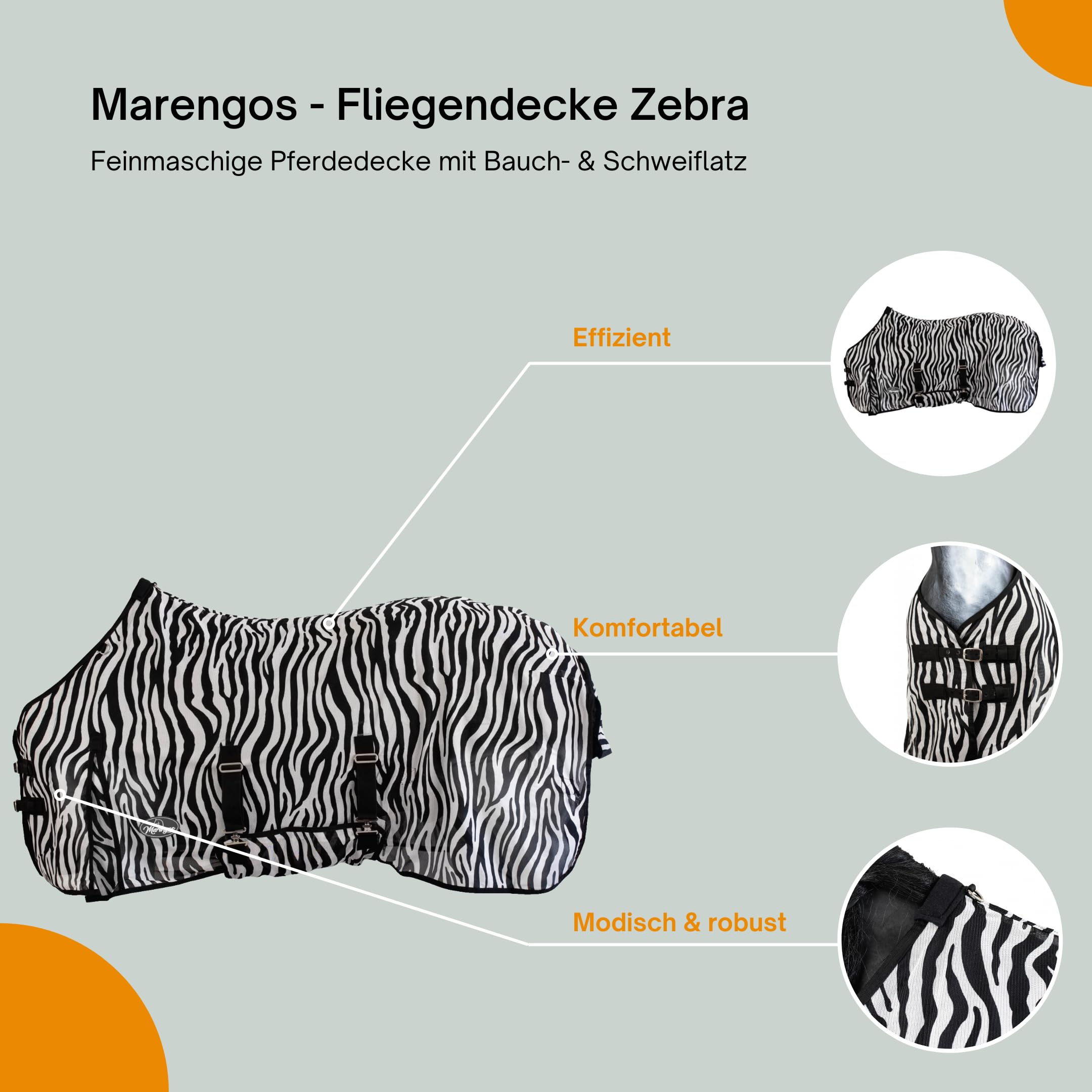 Marengos - Fliegendecke Zebra – feinmaschige Pferdedecke mit Bauch- & Schweiflatz – Schutz vor Insekten – mit Gehfalte & doppeltem Frontverschluss – Outdoor-Pferdedecke – 135 cm