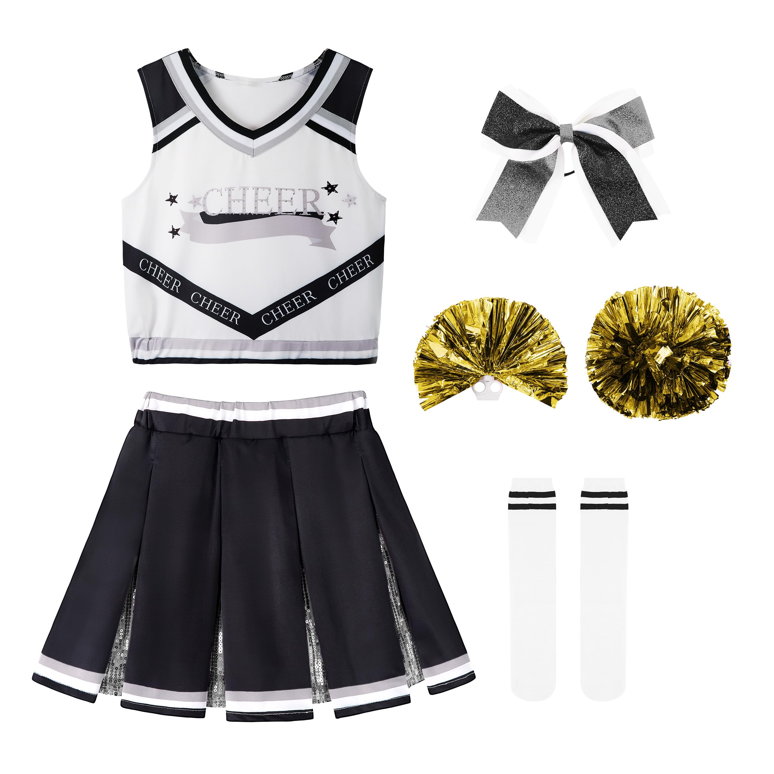 LOLANTA Girls Zombie Cheerleader Costume Kids Black Cheerleading Outfit with Pompoms Socks