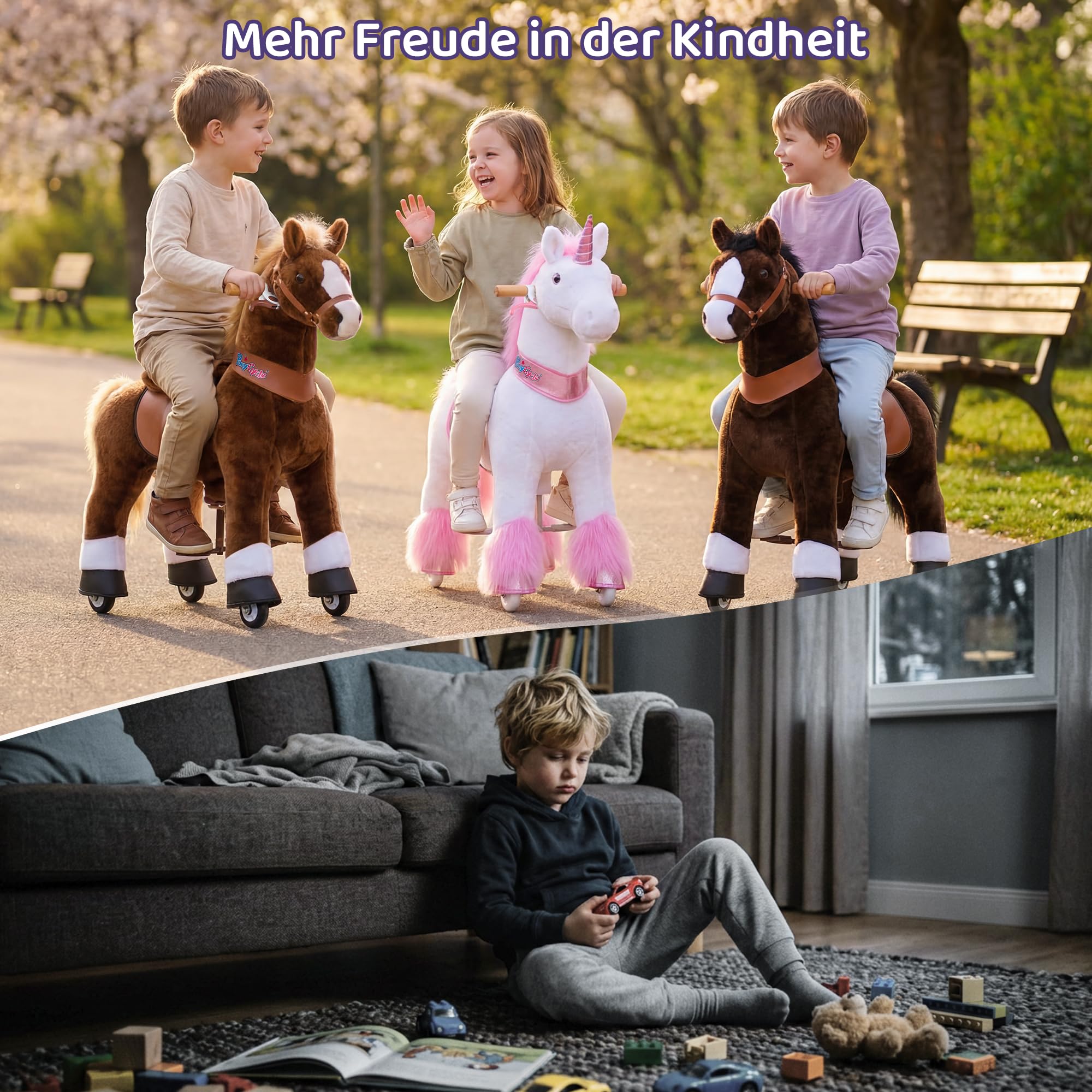 PonyCycle® Reitpferd auf Rollen | für Kinder 4–7 Jahre, 89cm | Schwarzes Plüsch Reitpferd mit Handbremse & Klang | Schaukelpferd, Stehpferd, Indoor & Outdoor | Klassisches Modell U – Ux426