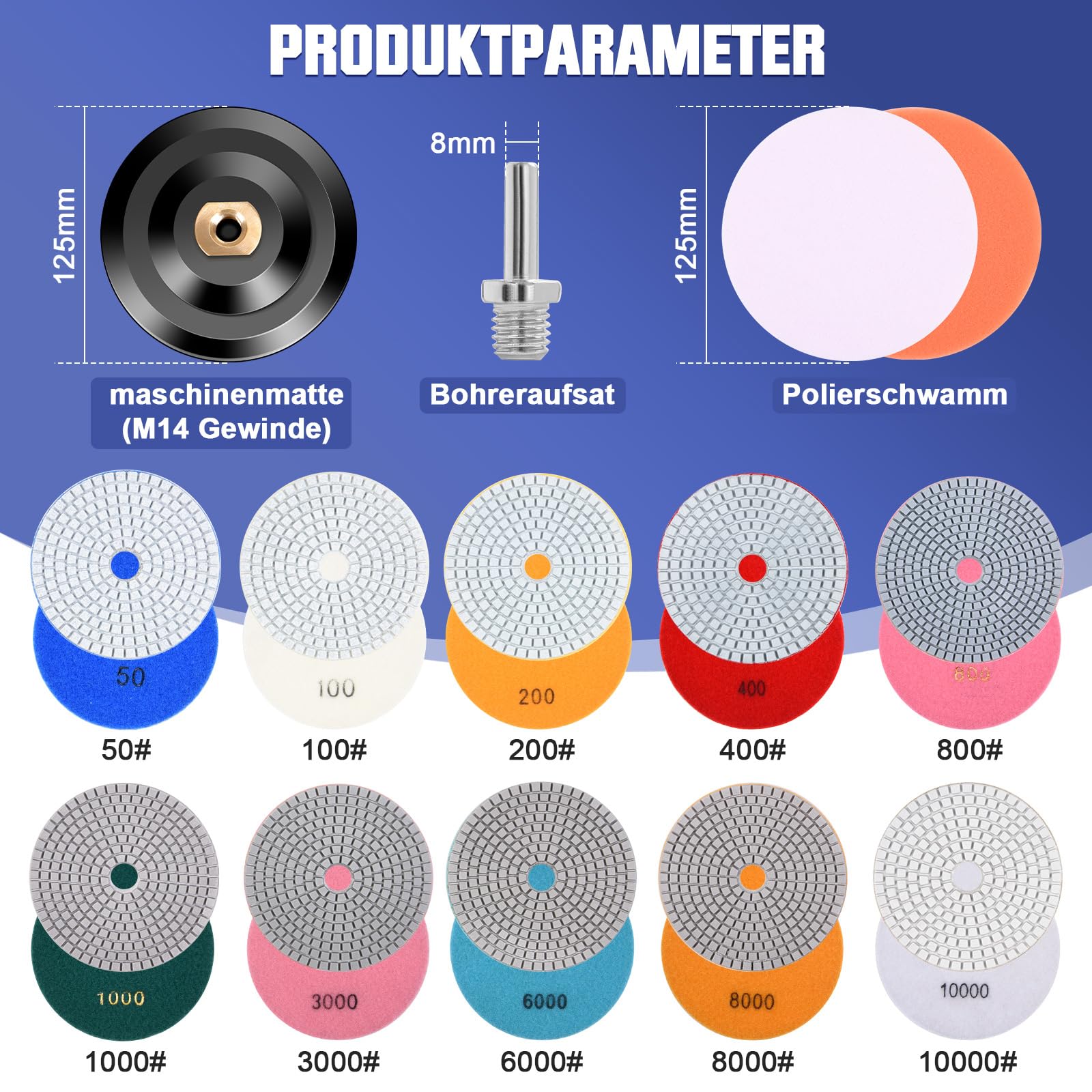 16 discos de pulido de diamante de 125 mm, incluye placa de apoyo de goma sólida M14, fieltro de lana, almohadilla de pulido de espuma, accesorio de broca de 8 mm, disco abrasivo de diamante 50