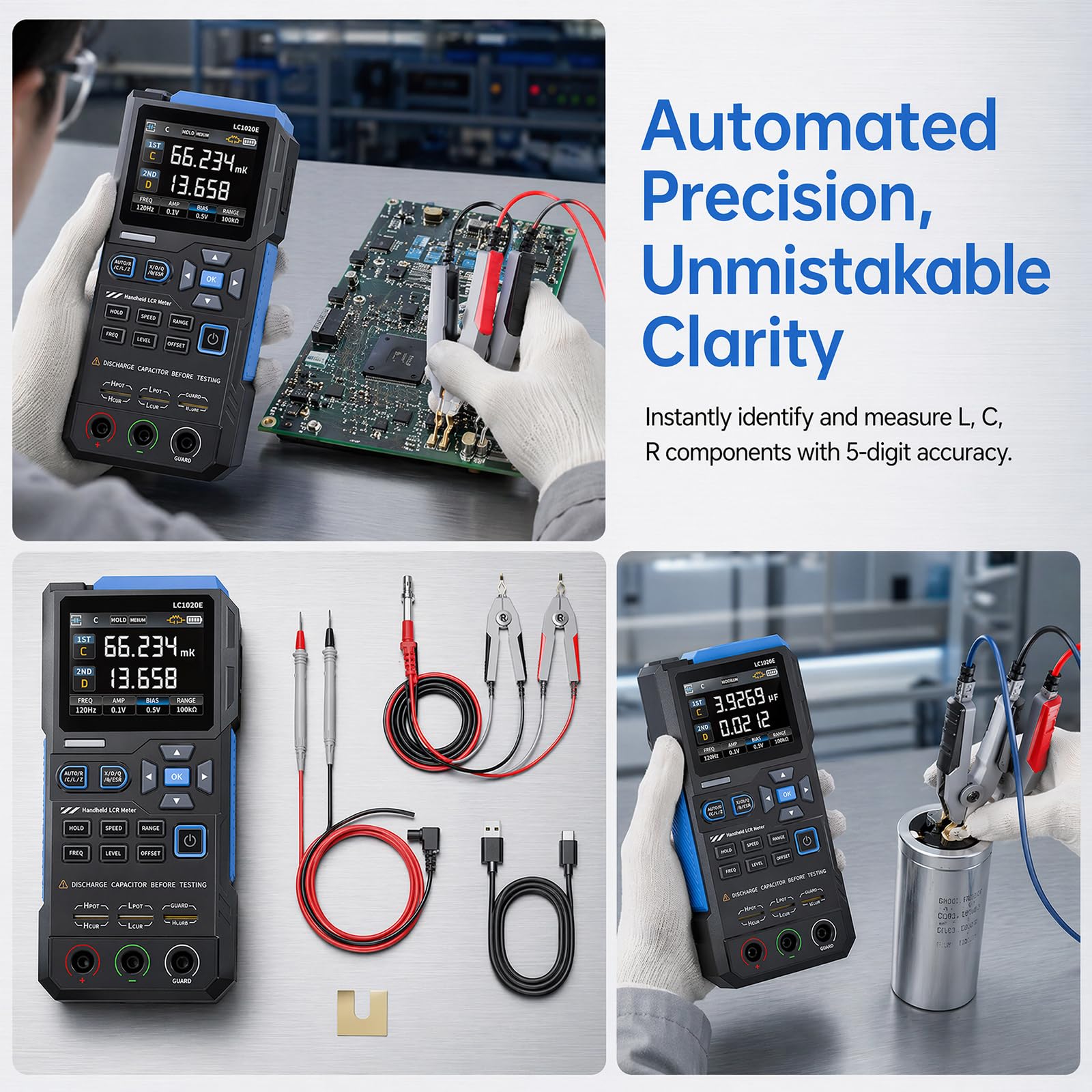 LCR Messgerät, LCR-Meter Digitalbrücke Einstellbare Frequenz 100 Hz -100 kHz Tragbarer Digitaler ESR Tester mit LCD-Display unterstützt Kapazitäts-, Widerstands- und Induktivitätsmessungen LC1020E