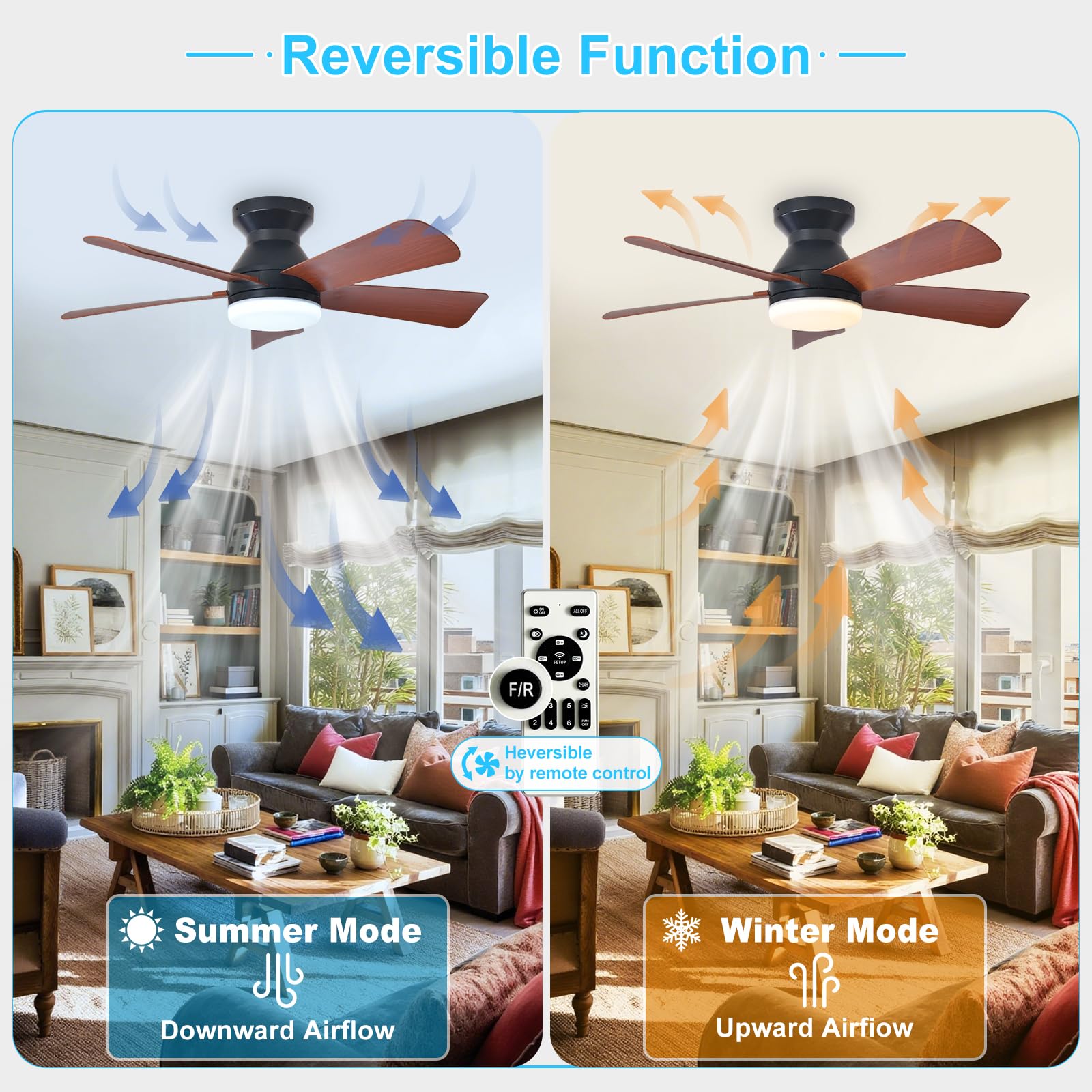 Depuley Ventilador de techo moderno con luz: Ventiladores pequeños negros de 35 pulgadas para dormitorio - Ventiladores de techo empotrable regulables con mando a distancia 5 aspas de nogal invertido