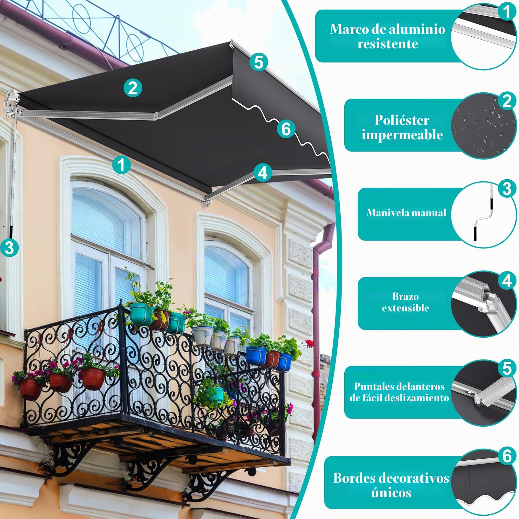 UISEBRT Toldo de aluminio con brazo articulado, 250 cm de ancho, toldo para balcón, protección solar, con brazo de sujeción manual, resistente al agua, color gris oscuro (300 x 250 cm)