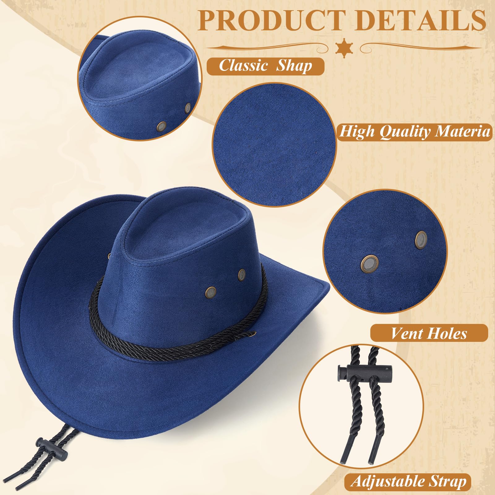 Henoyso Confezione da 16 cappelli da cowboy da donna, in finto feltro, stile occidentale, con bordo, per attività all'aperto, viaggi, classici, con cinghia, per Halloween, adulti, uomini, donne,