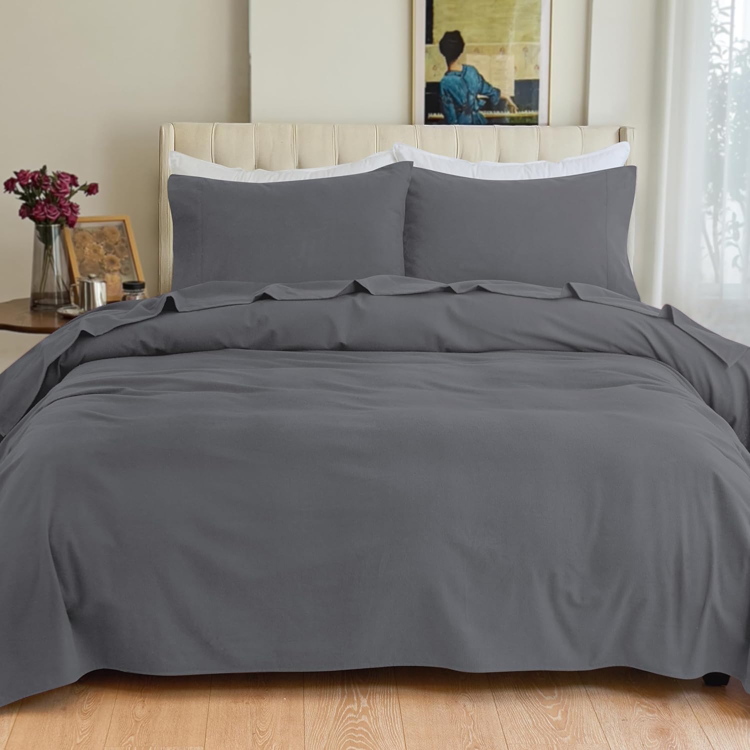 Elegant Comfort Soft 4-Piece 100% Turkish Cotton Flannel Sheet Set - Premium Quality, Deep Pocket Fitted Sheet, Ultra Soft, Cozy Warm Flannel Sheets - Cali King, Gray