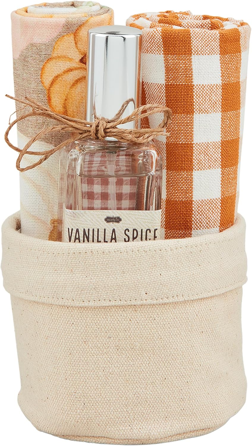 Mud Pie Gingham Gather Room Spray Set; Basket 3" x 5 1/2" Dia | Spray 3 1/4 fl oz | Towel 25" x 16"
