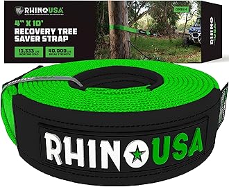 Rhino USA Tree Saver Tow Strap (4" x 10') - 40,320lb Break Strength - Emergency Recovery Strap Winch Extension for Truck, UTV, ATV & More - Heavy Duty Straps Compatible with Jeep, Ford, Toyota (Green)