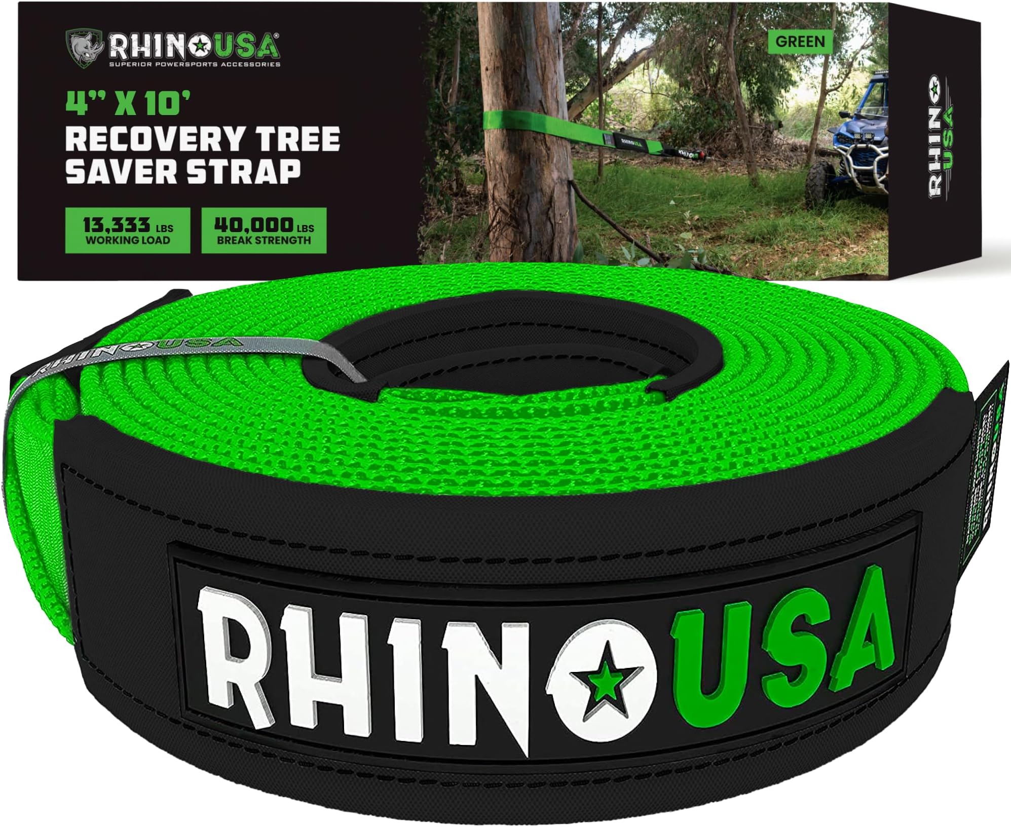 Tree Saver Tow Strap (4" x 10') - 40,320lb Break Strength - Emergency Recovery Strap Winch Extension for Truck, UTV, ATV & More - Heavy Duty Straps Compatible with Jeep, Ford, Toyota (Green)