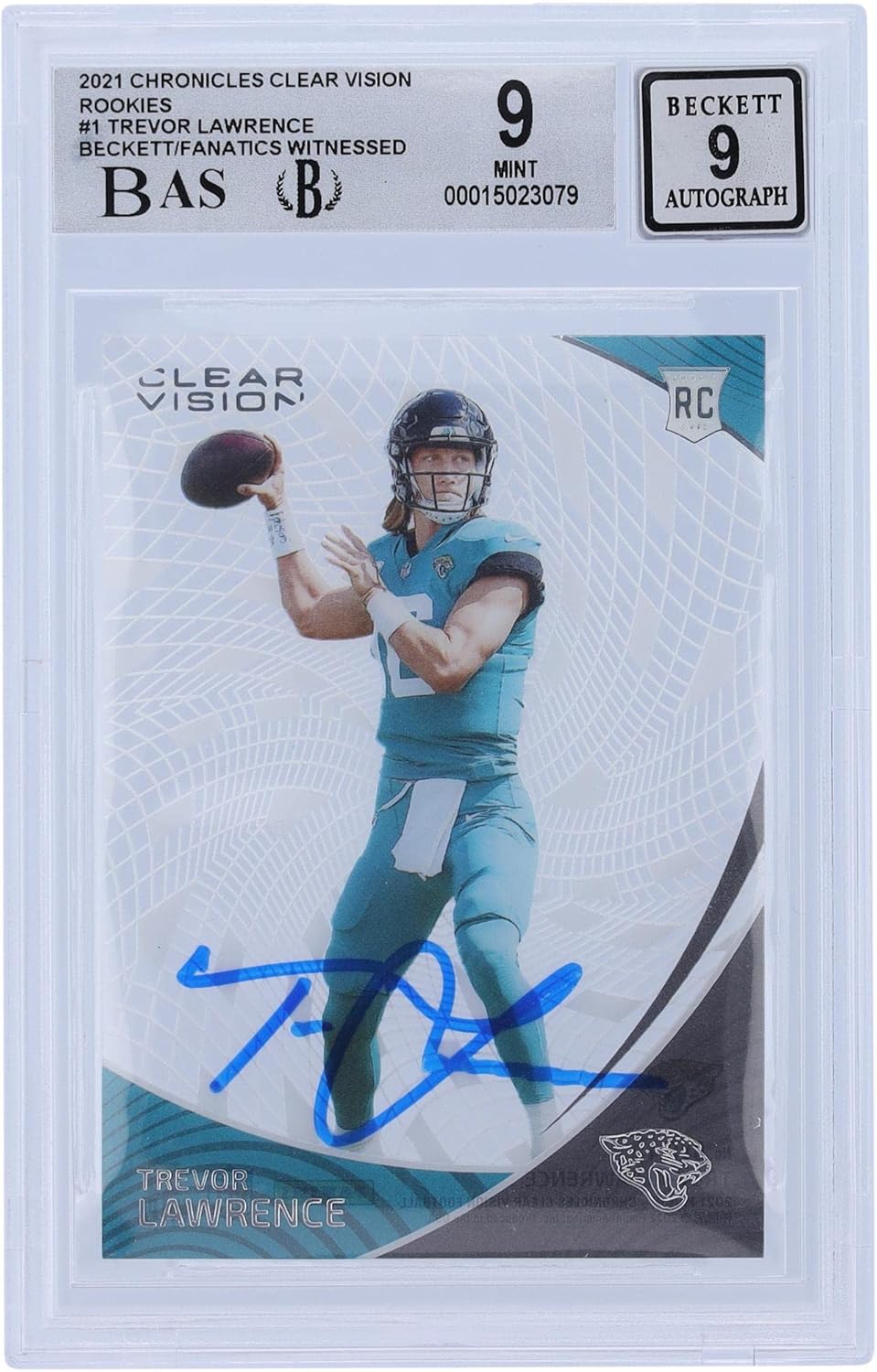 Trevor Lawrence Jacksonville Jaguars Autographed 2021 Panini Chronicles Clear Vision 1#CVR-1 Beckett Fanatics Witnessed Authenticated 9/9 Rookie Card - Football Slabbed Autographed Rookie Cards