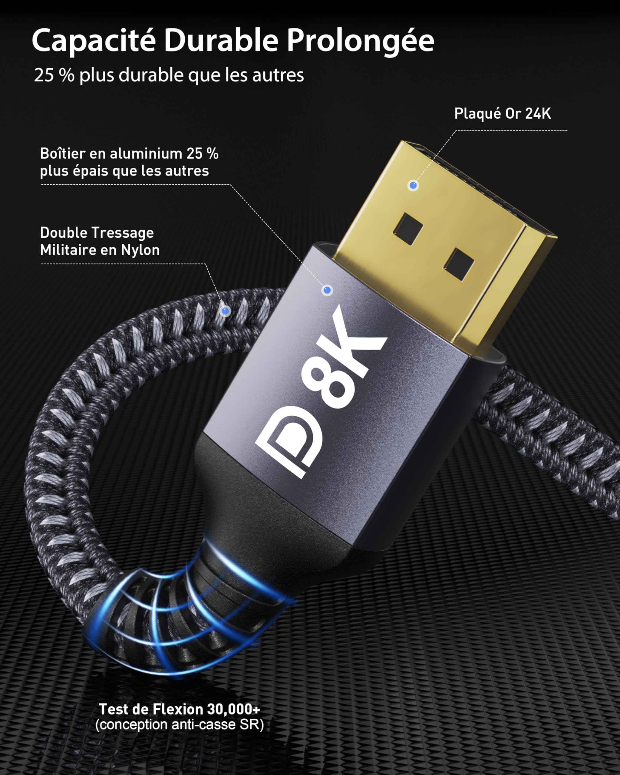 Stouchi Câble DisplayPort 1.4 240Hz 2M/6.6FT DP1.4 Prise en charge 8K@60Hz 4K@60Hz/144Hz/120Hz 5K@60Hz/120Hz 2K@165Hz/240Hz FreeSync G-Sync 32,4Gbps HDR10 Display Port Lead