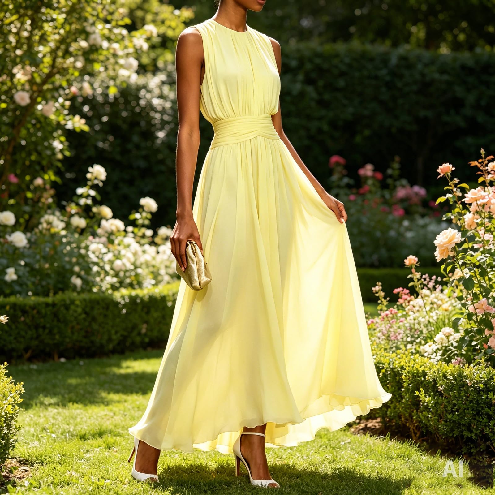 Ärmelloses Maxi-Kleid für Damen – Festliches Abendkleid in A-Linie mit Rundhalsausschnitt, Faltenlegung und Geraffter Taille; ideal für Sommerhochzeiten, als Gast oder Brautjungfer