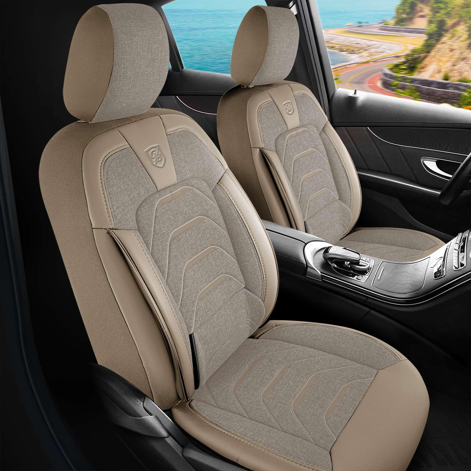 Fundas de asiento universales para coche y SUV - Fundas de asiento premium delanteras de lino, beige, compatibles con airbag, funda de asiento para coche, juego completo incl. kit de