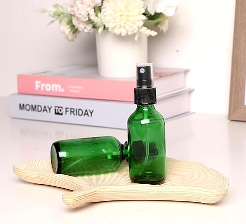 Miniatura 5 de Botella de vidrio verde de 2 onzas, botellas de vidrio Boston de niebla fina con pulverizador de niebla fina negra, botellas pequeñas transparentes