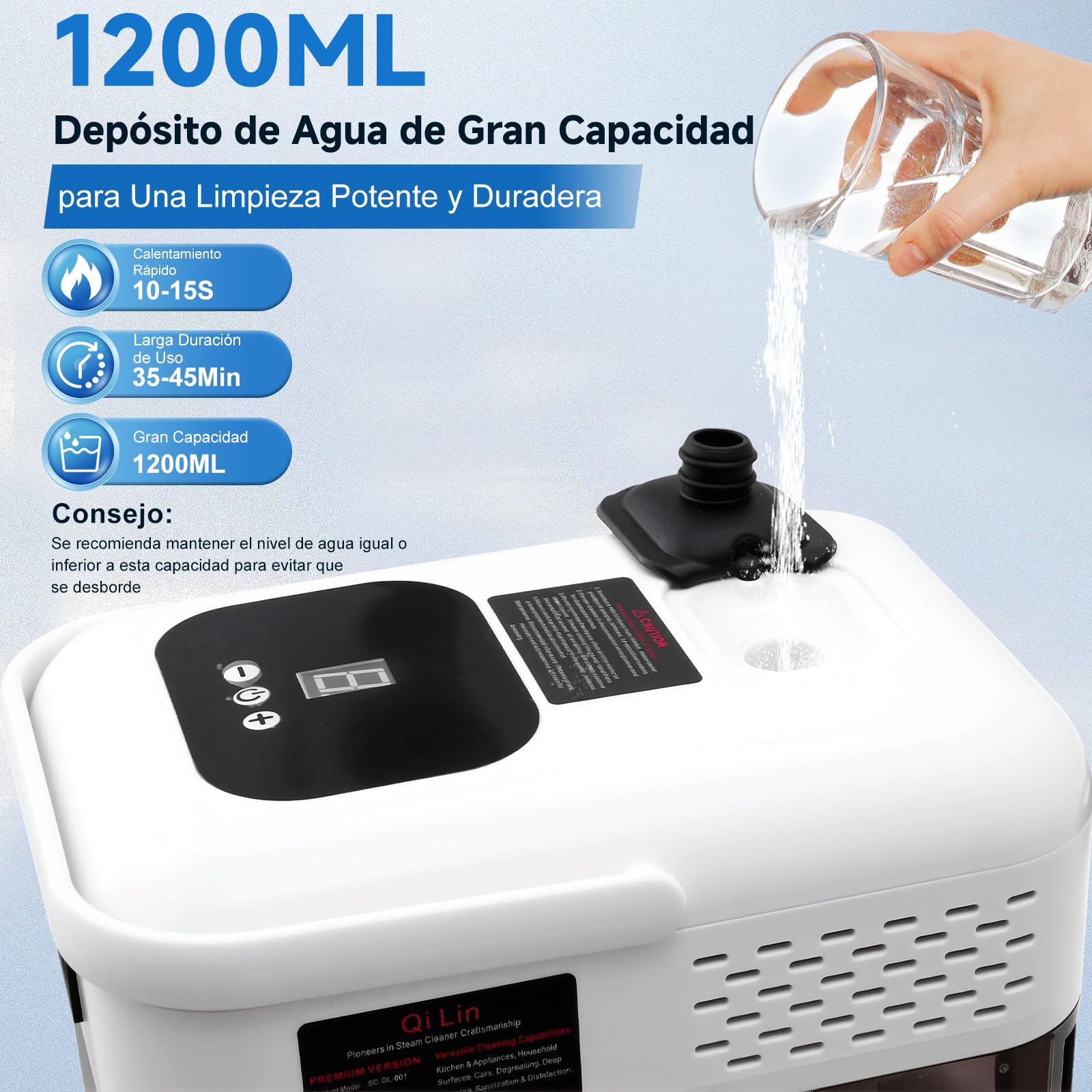 2500W Limpiador a Vapor Portátil, 9 Velocidades Ajustables, con 9 Accesorios, 1,2L Depósito Agua Grande, Steam Cleaner para Baño Patio Azulejos Juntas Suelos (Blanco)