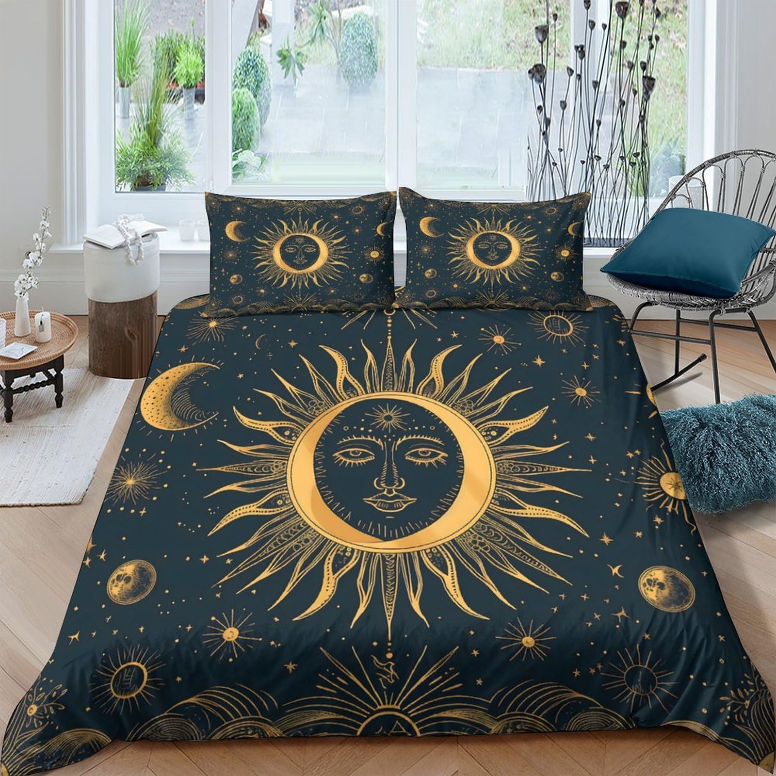 Ctjqhvkz Style-9 3D Printed Sun Moon Fitted Sheet Microfiber Soft Dark Gold Celestial Mattress Cover Bedroom Decor Washable Single（135X200cm）