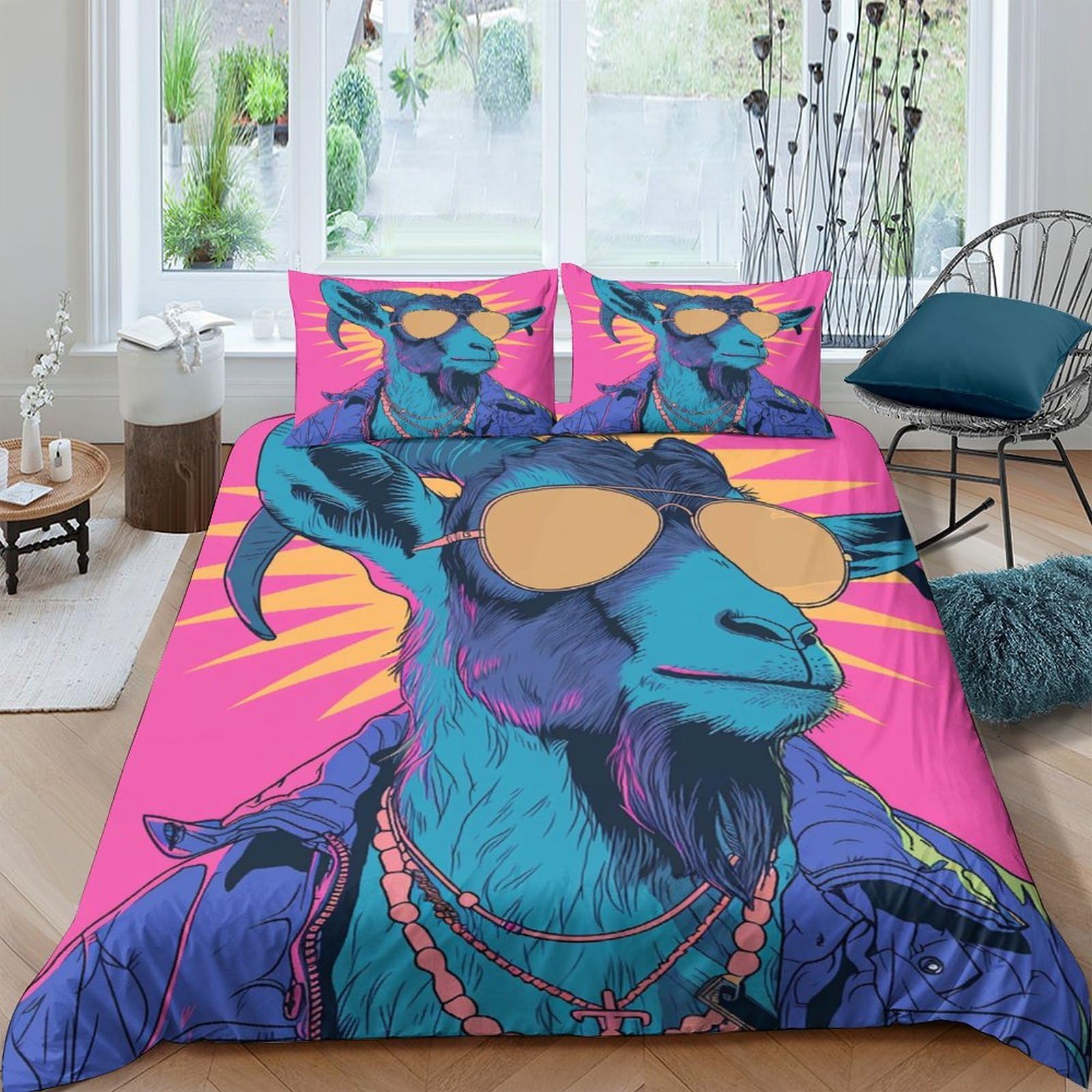 Ctjqhvkz Style-10 3D Printed Blue Goat Sunglasses Fitted Sheet Microfiber Soft Pink Art Mattress Cover For Bedroom Guestroom Decor Single（135X200cm）