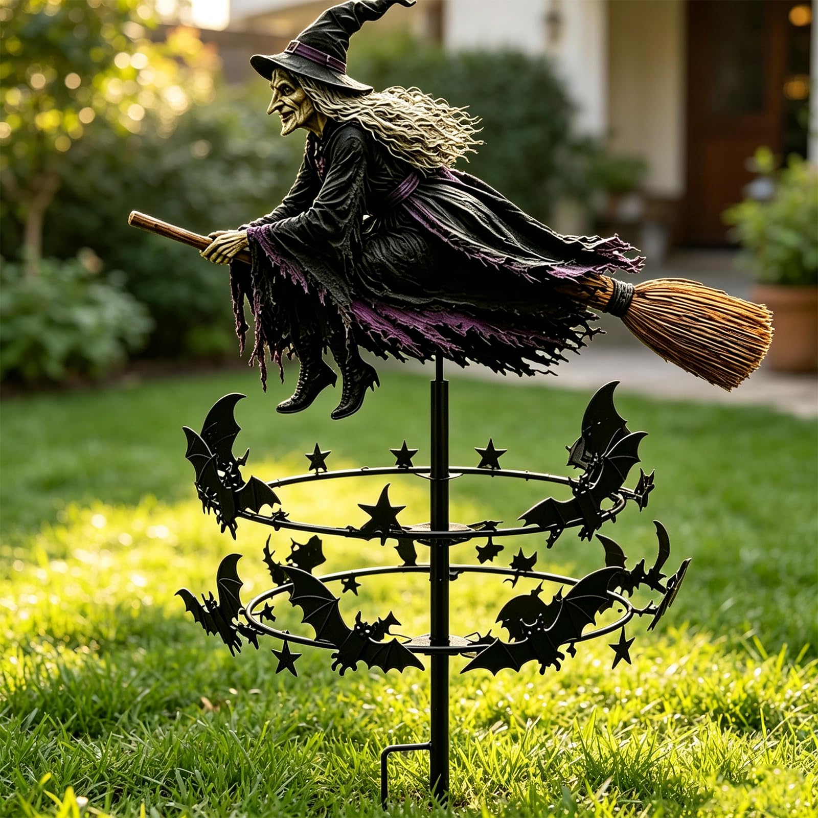 The Enchanted Magic Witch Garden Wind Spinner, Metal Halloween Yard Art Outdoor Decor Stake, Gothic Fantasy Rotating Windmill, Weatherproof Lawn Ornament for Patio Pathway (1PCS)