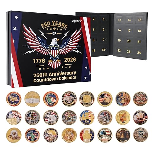 24PCS USA 250th Anniversary Commemorative Coin Gift Set, 2026 Patriotic Gift for Veterans, 250th Anniversary Countdown Calendar Collectors, Adults, Teens
