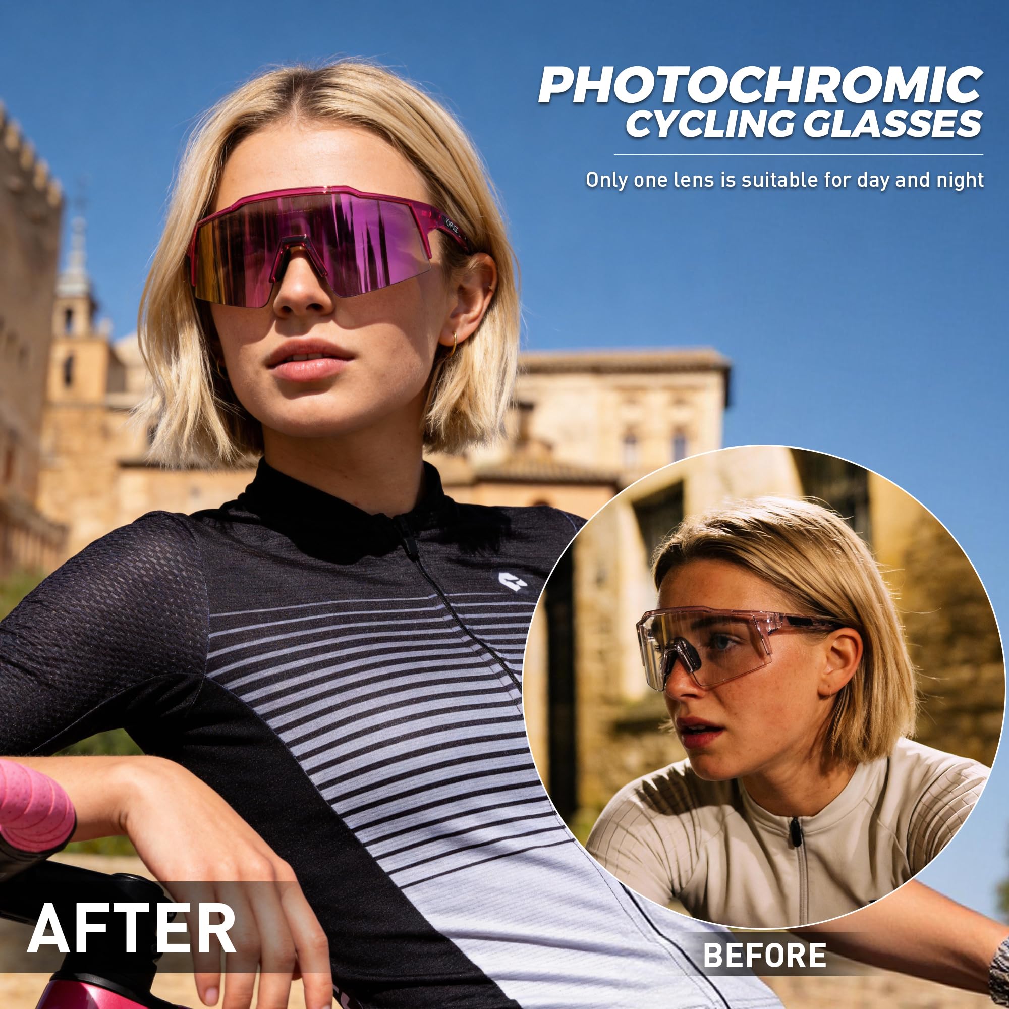KAPVOE Gafas de ciclismo fotocromáticas UV400 hombre mujer TR90 K9023 | Full Frame Photochromic Technology, Protección UV400, Estructura TR90 y soporte interior integrado