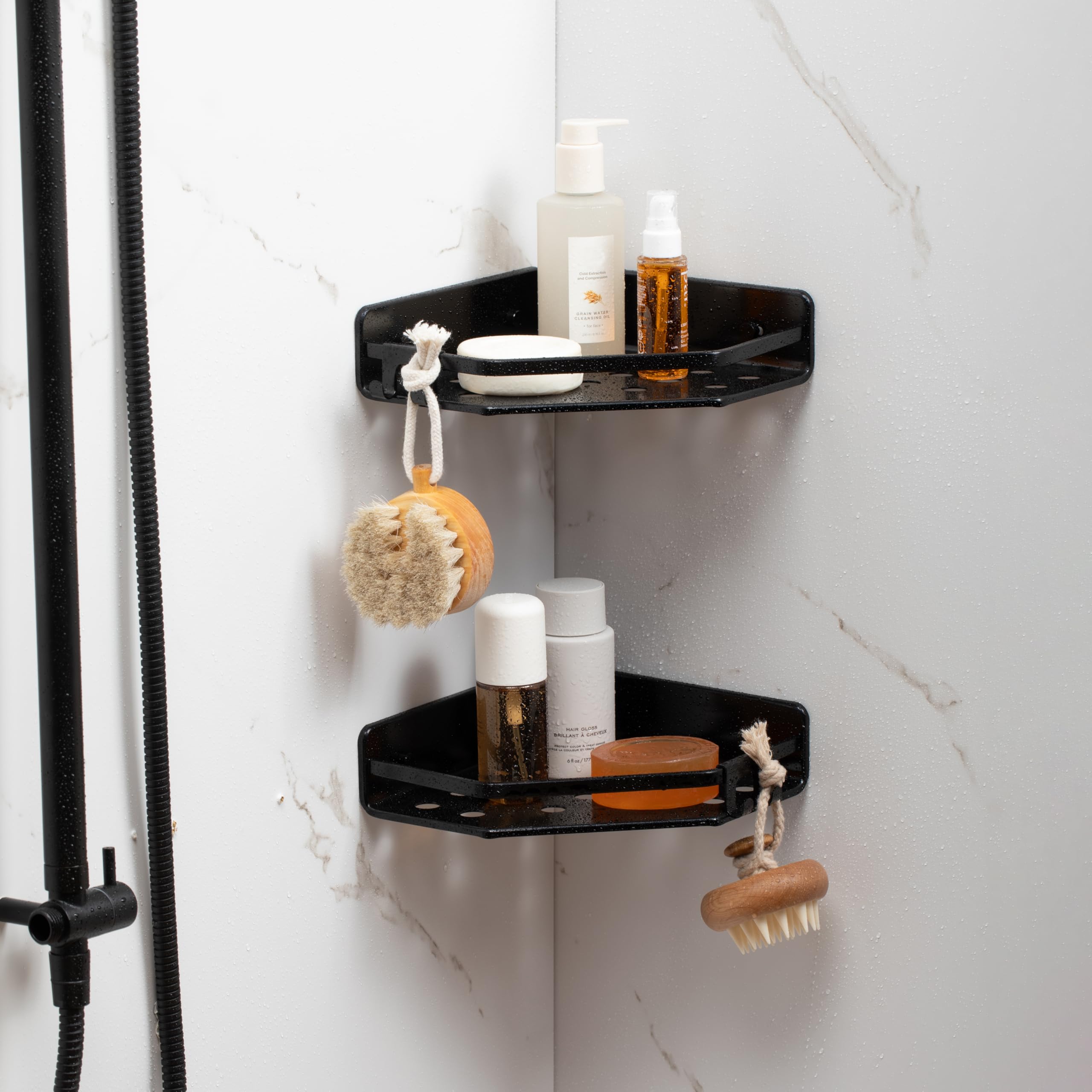 TATAY Etagere Salle De Bain D'Angle Laiton | Avec Vis Incluses | Supporte 5 Kg | Compatible Système Sans Perçage | Anti-humidité | Moderne | Drainage Rapide | 20 X 13,5 X