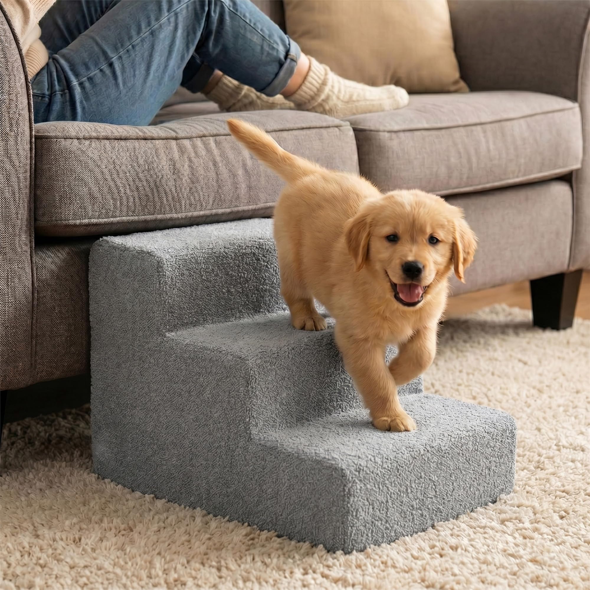 murando - Escalier pour Chien et Chat Canapé et Lit 3 Marches - 30 cm - Escaliers pour Chiens - Marche pour Chien - Housse Amovible et Lavable - Robuste en Mousse Rampe pour Chiens - Bouclé - Gris