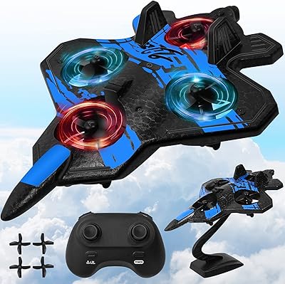 Remote Control Airplane for Beginners, 2.4GHz V17 Jet Fighter Stunt RC Airplanes, ABS, 3D Flip, Stunt Roll, Cool Light, 2 Batteries, RC Planes for Kids 8-12, Blue