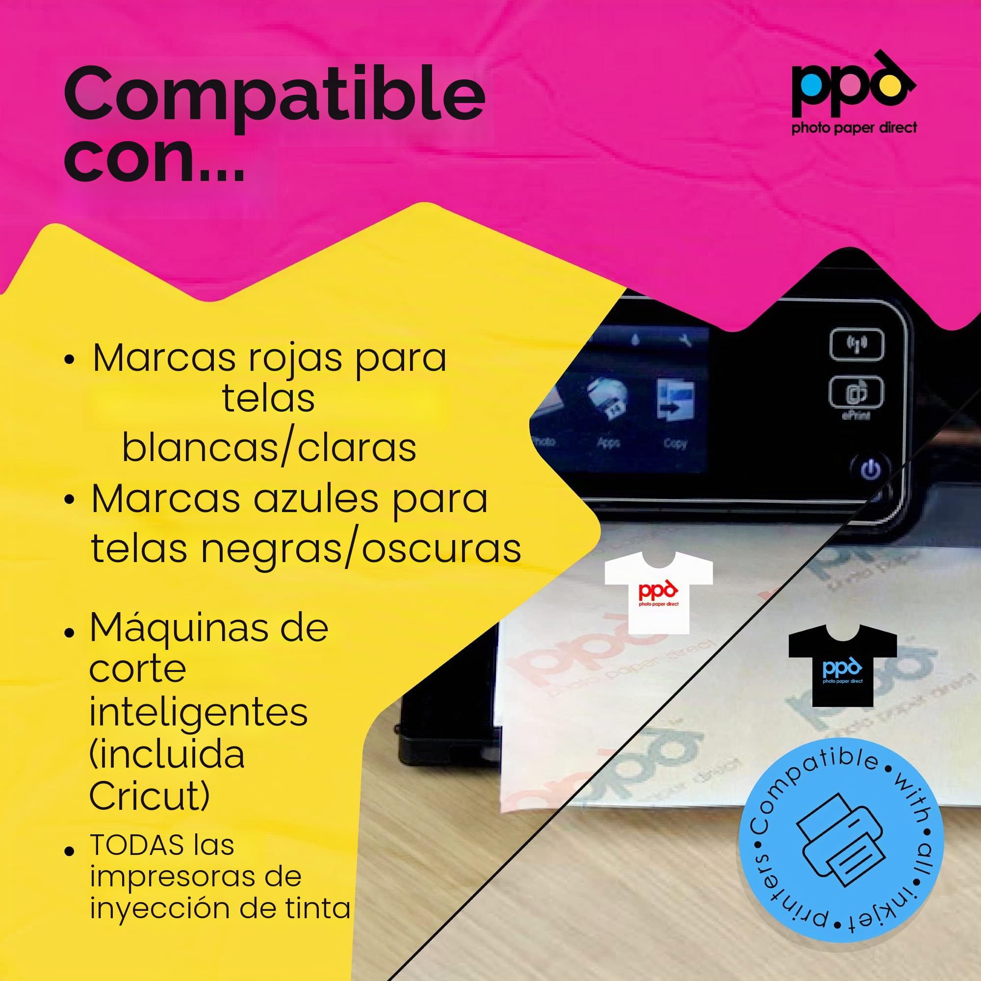 PPD Inkjet - A4 x 40 Hojas de Papel de Transferencia Térmica Premium para Camisetas y Tejidos Mixtos - 20 hh. Telas Claras y 20 hh. Telas Oscuras - Para Impresión de Inyección de Tinta - PPD-5-40
