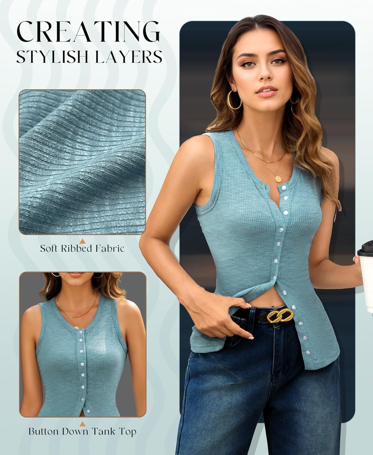 Ribbed Tank Tops for Women - Sleeveless Blouse Crew Neck Button Down Vest Shirts Slim Fit Summer Casual Basic Top - Image 3