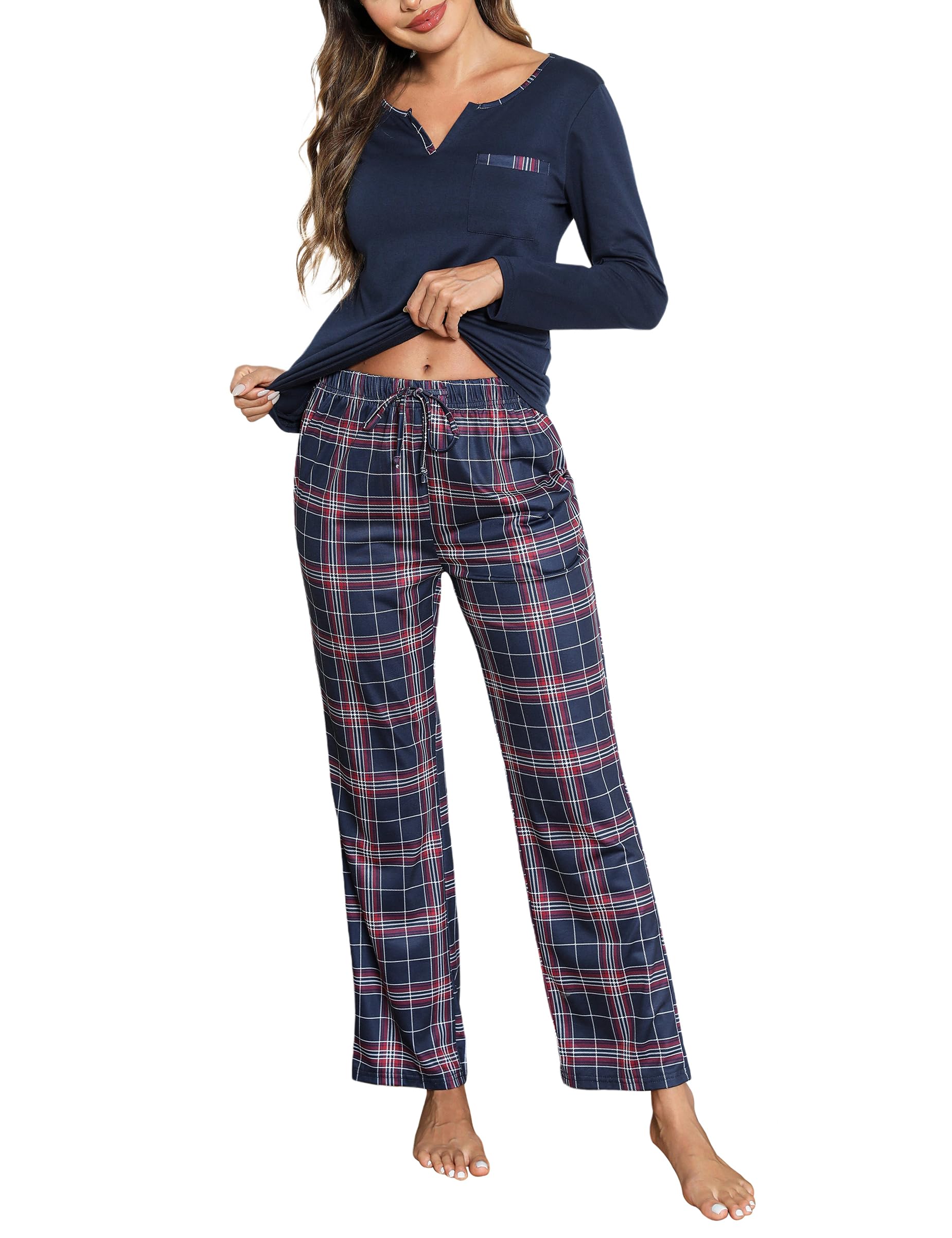 Bresdk Schlafanzug Damen Lang Pyjama Set Baumwolle Winter Langarm Kariert Nachtwäsche