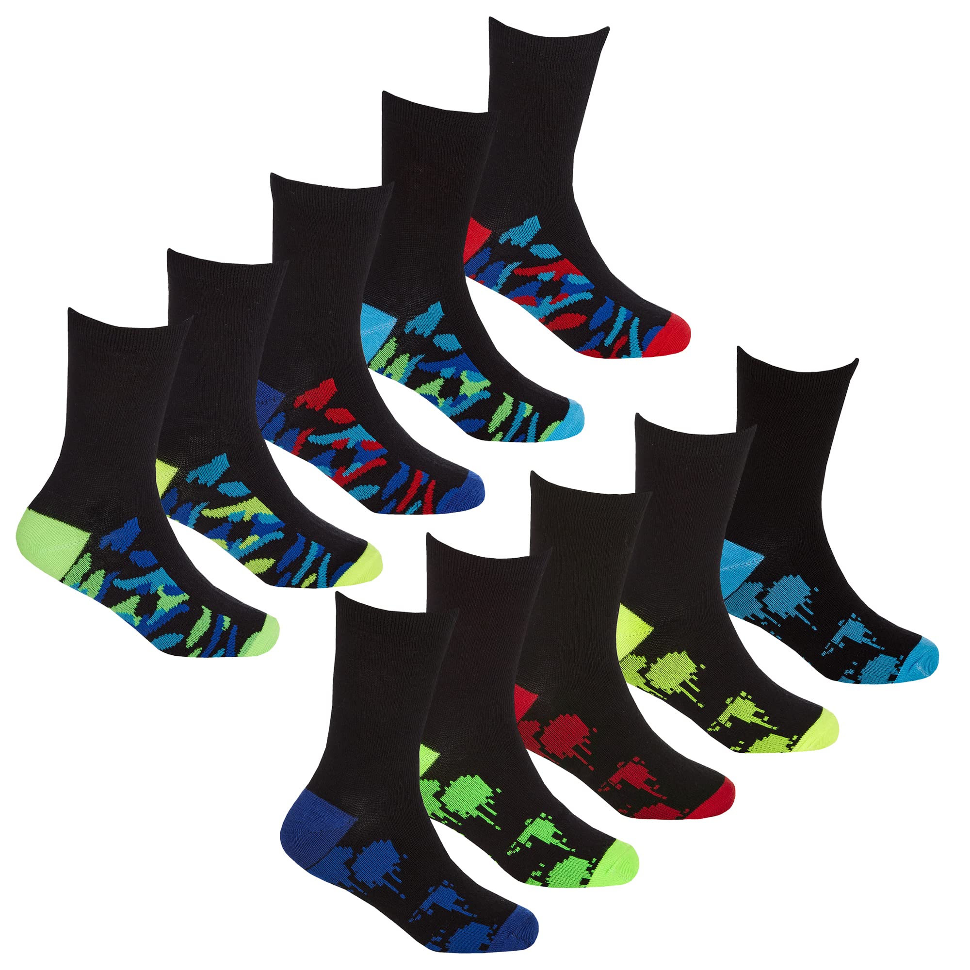 Metzuyan 10 Pairs Kids Boys Childrens Socks Mid Calf Novelty Camo Colour Spots Blue Green 6-8.5