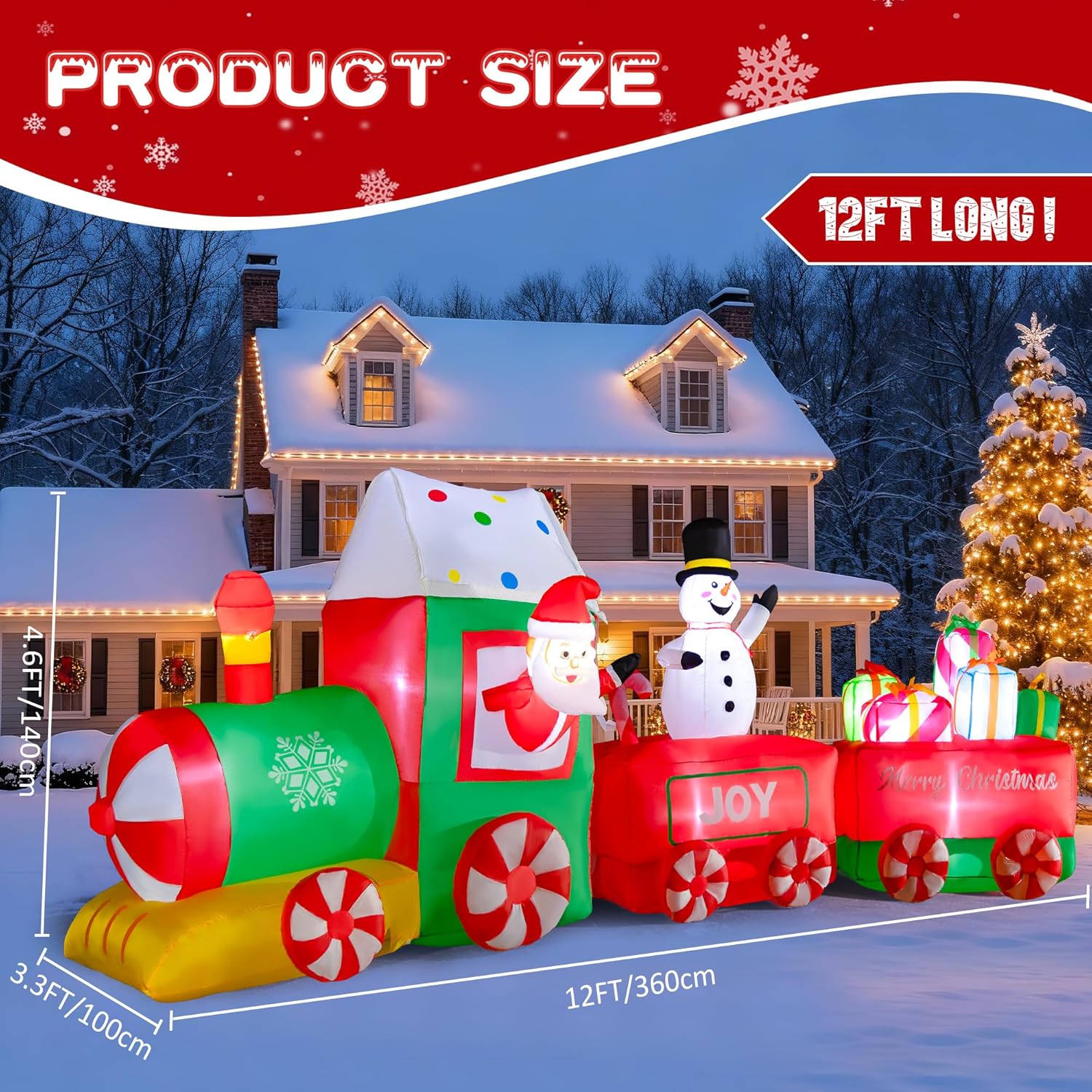 12FT Christmas Inflatables Outdoor Decorations, Christmas Train Inflatable with Santa Claus Snowman Gift Boxes, Blow Up Yard Decorations with Built-in LED Lights for Party Garden Yard Lawn