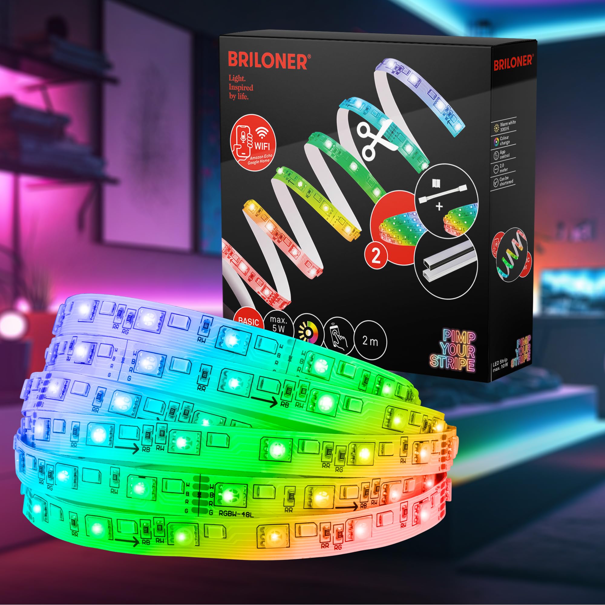 BRILONER - Pimp your Stripe Starter Set Striscia LED da 2 m, controllo vocale tramite app, cavo da 3 m, RGBW colorato, accorciabile, autoadesiva, led striscia, led da gaming, retroilluminazione led tv