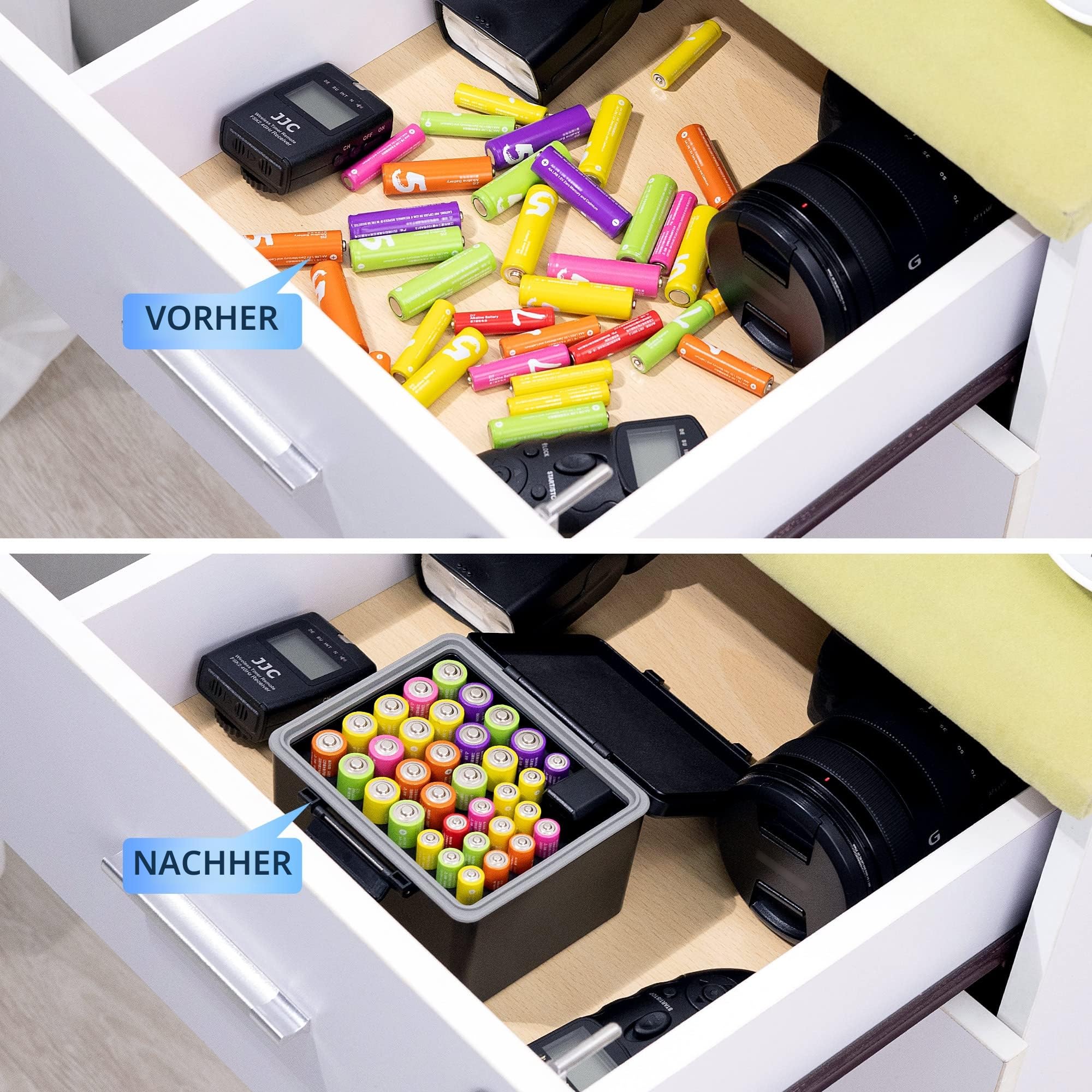 JJC AAA AA Batterie-Organizer Aufbewahrungskoffer mit Batterietester, Wasserabweisender Hartschalen-Batterien Organizer mit abnehmbarem Batterieprüfer, hält 20 AA-Batterien und 14 AAA-Batterien