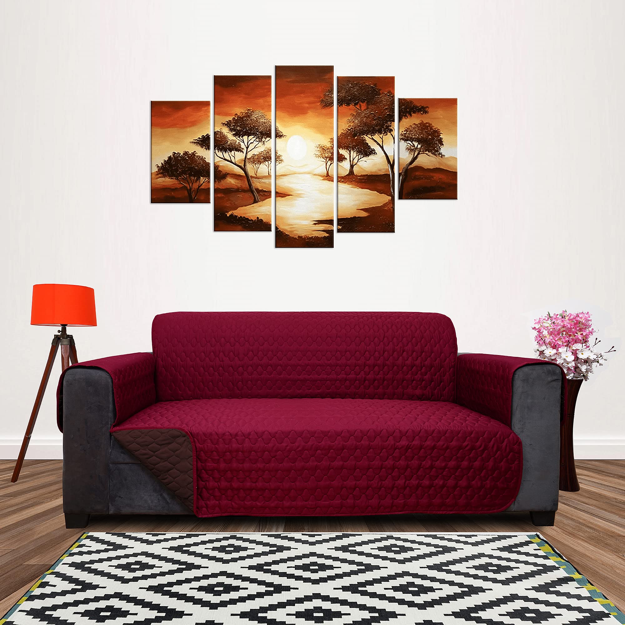 DREAM KING 3 Layers Reversible Sofa Cover Polyester 3 Seater Quilted Sofa Cover with Side Pockets Maroon & Coffee