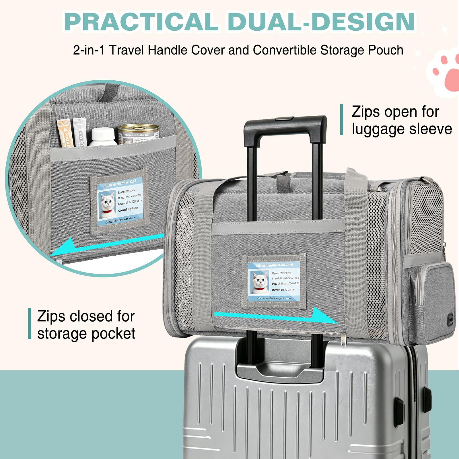 Sac Transport Chat Approuvé Aviation Sac Transport Chien Respirant et Pliable Caisse de Transport Chat avec Bandoulière Réglable Portable Cage Transport Chat avec Tapis Réversible (Gris)
