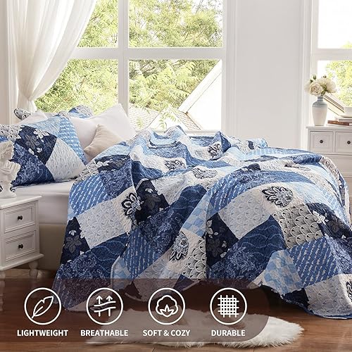 Miniatura 2 de Juego de edredón de 3 piezas tamaño matrimonialqueen, colcha reversible ligera de 90 x 98 pulgadas, suave colcha floral de retazos de microfibra