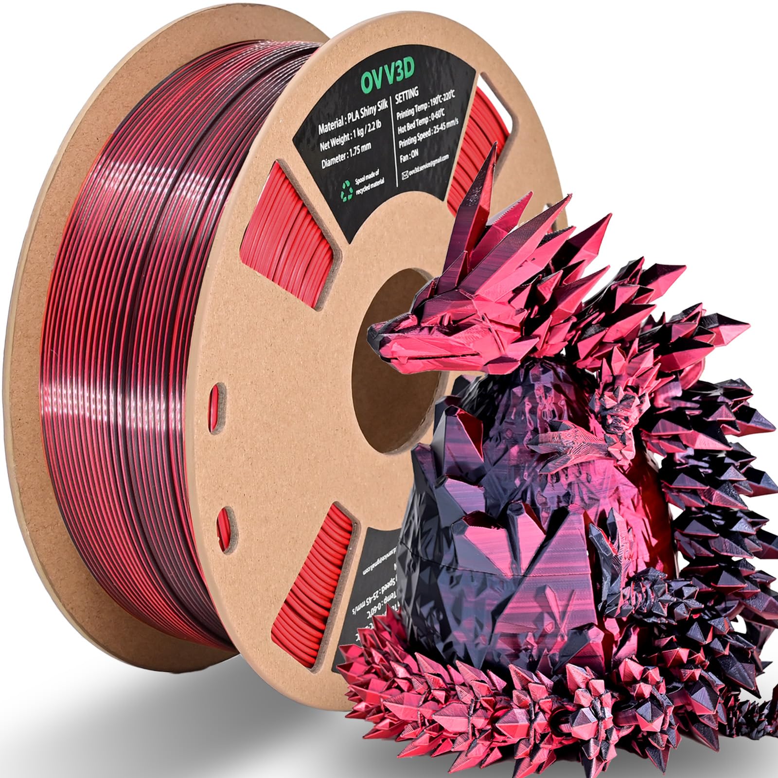 OVV3D PLA Filament 1.75mm, 3D Printer Filament Silk PLA Dual Color PLA Filament, Black Red, Color Change Every Inch 3D Printer Filament +/-0.02mm, 1kg