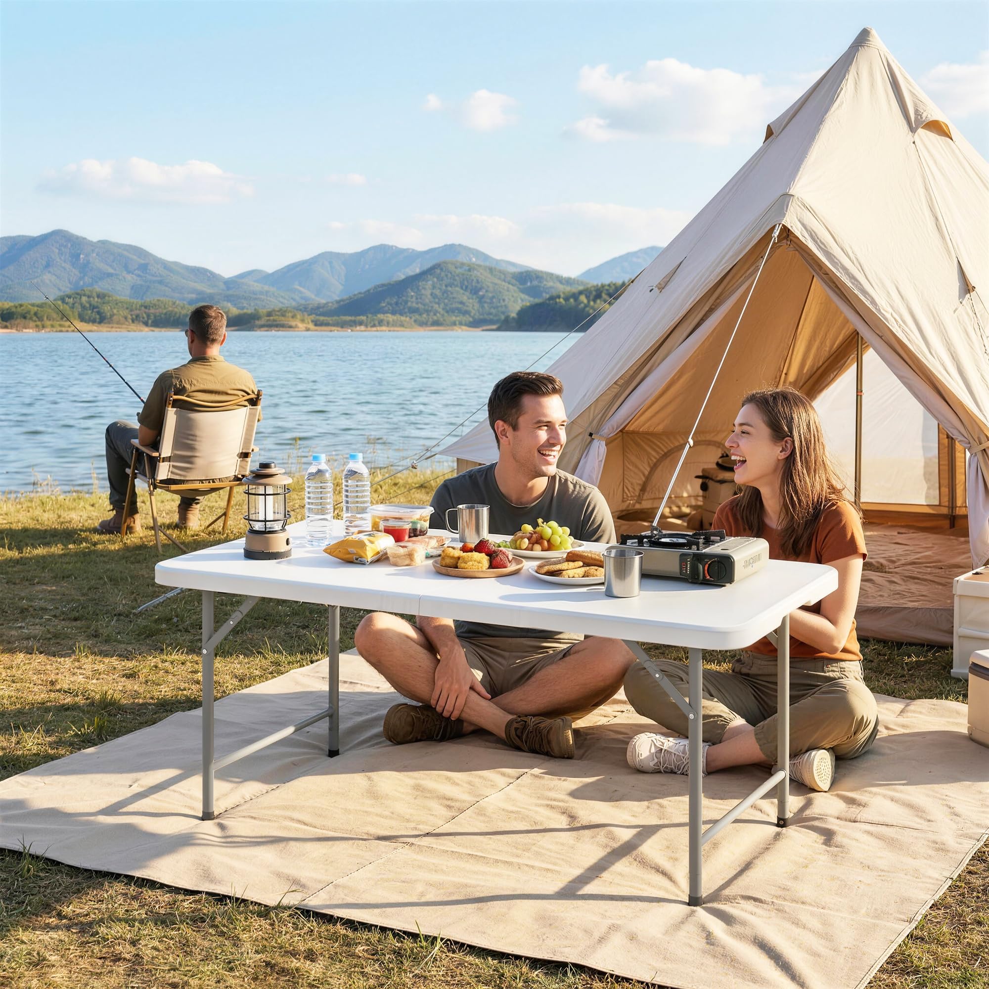 Outsunny Tavolo da Campeggio Pieghevole in HDPE, Tavolo da Picnic con 2 Altezze Regolabili e Maniglia per il Trasporto, 120 x 60 cm, Uso Interno ed Esterno per Patio, Spiaggia, BBQ, Bianco
